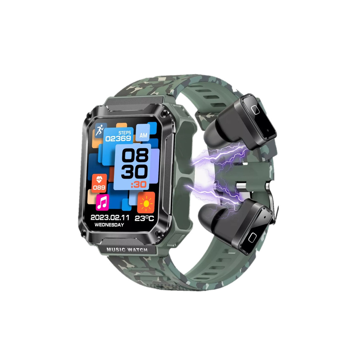 Reloj Smartwatch T93 Fralugio Mp3 con Audífonos Tws 4gb Rom Camuflaje