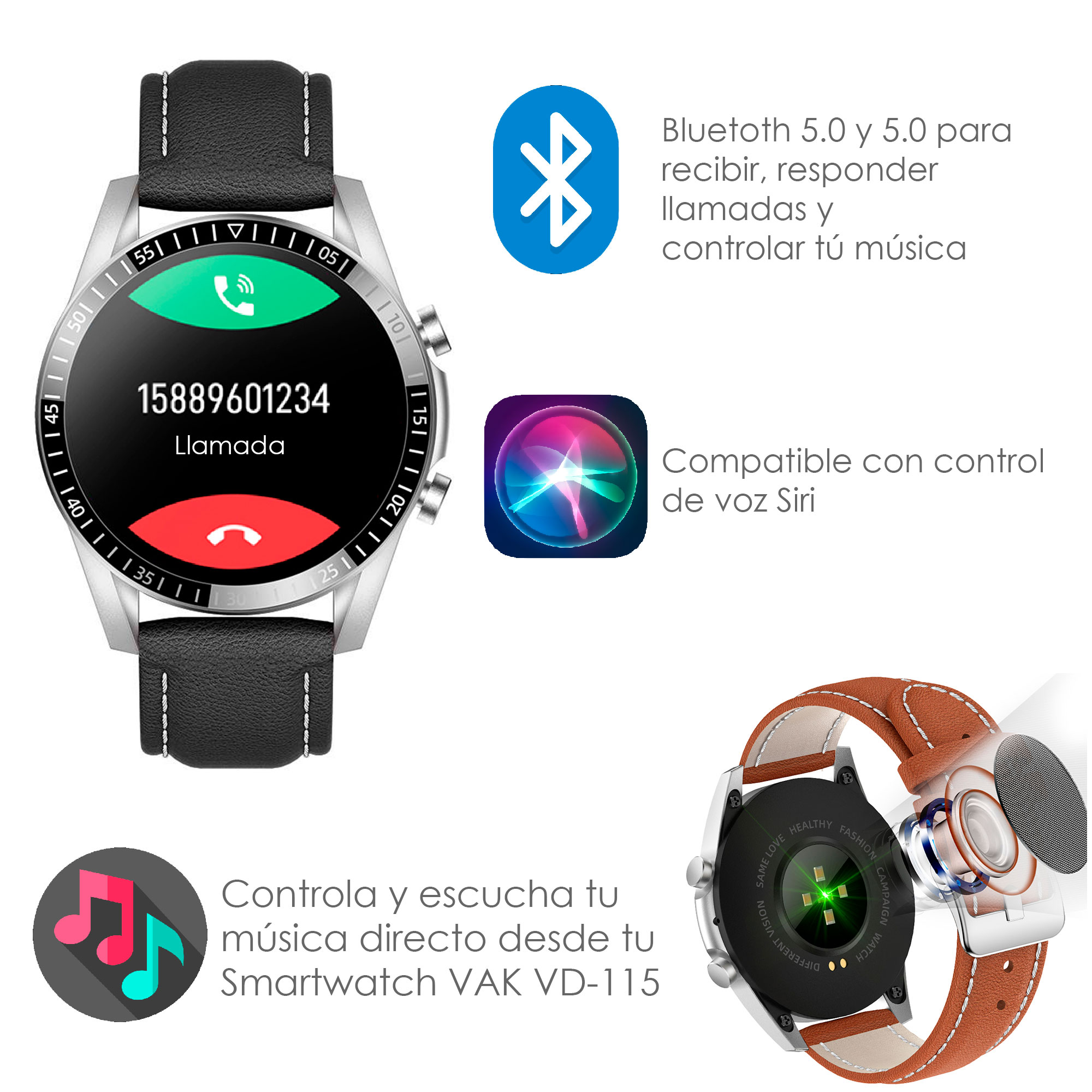 Foto 5 pulgar | Reloj Smartwatch Vak 115 Piel Bluetooth Calorias Musica