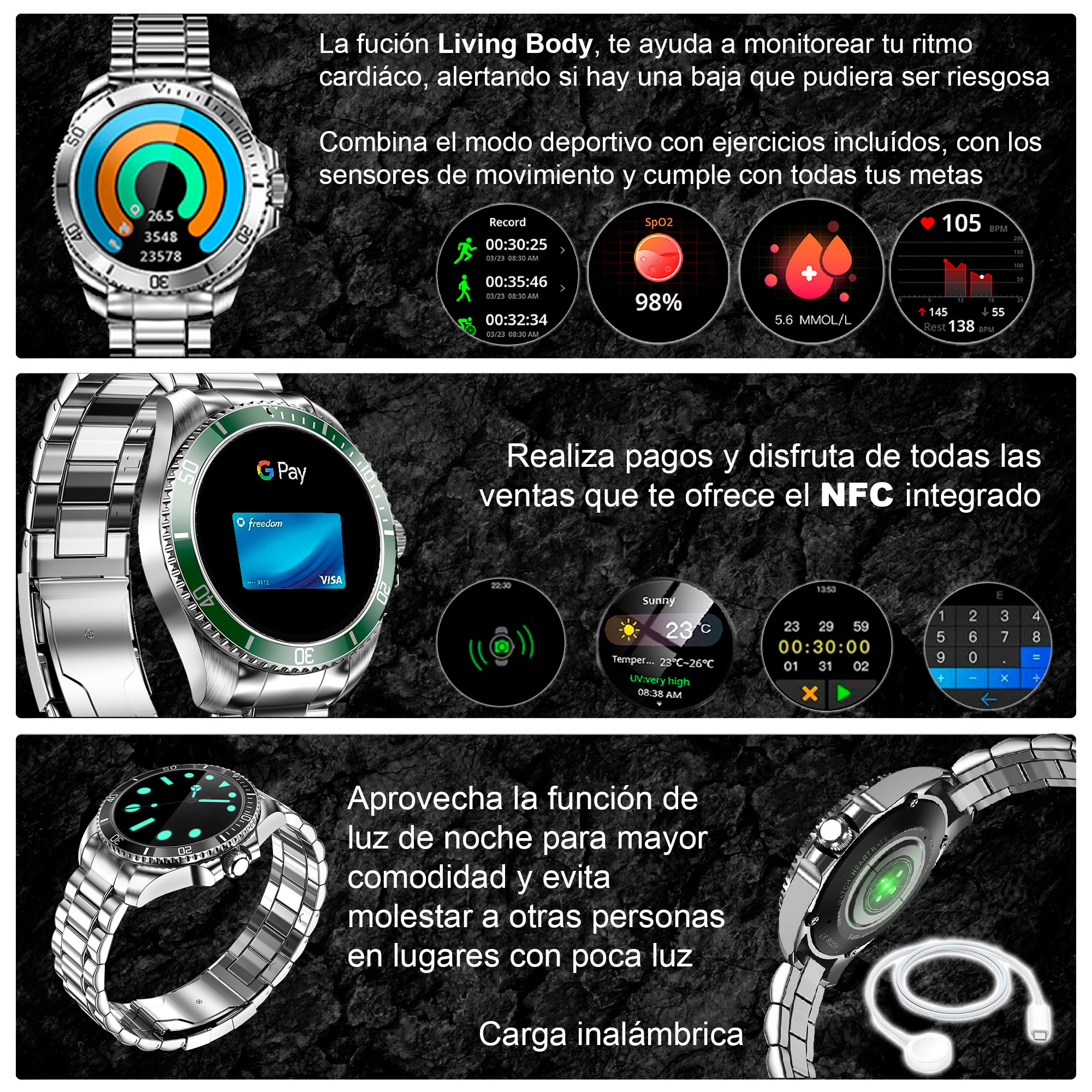 Foto 4 pulgar | Smartwatch Vak C1 Acero Submarine Nfc Cristal 3d