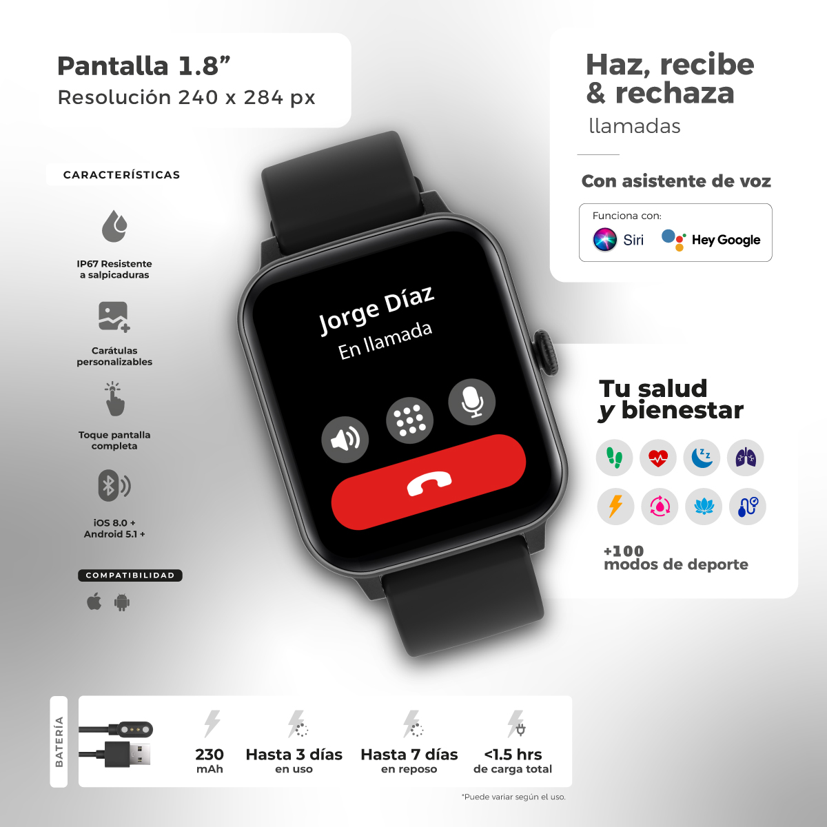 Foto 3 pulgar | Reloj Smartwatch Binden Negro con Audífonos True Wireless