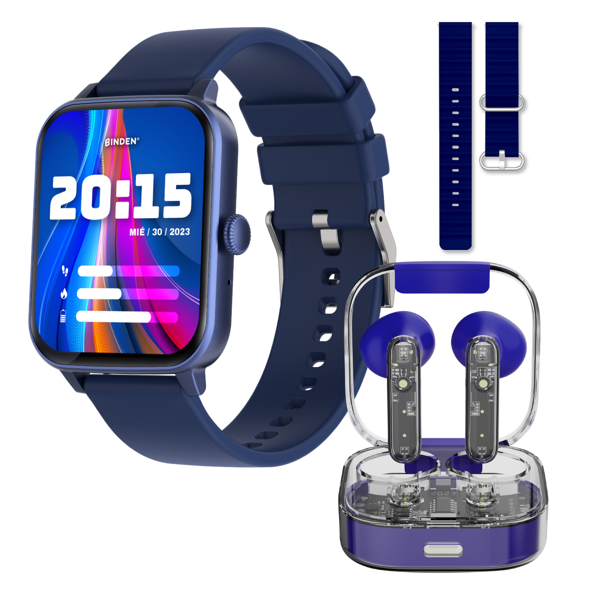 Foto 2 pulgar | Smartwatch Binden Kulest Kit 1.8" Llamadas Salud + Audífonos Tws + Correa Azul