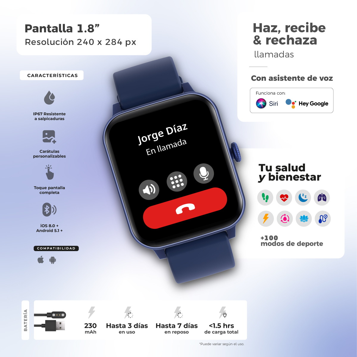 Foto 3 pulgar | Smartwatch Binden Kulest Kit 1.8" Llamadas Salud + Audífonos Tws + Correa Azul