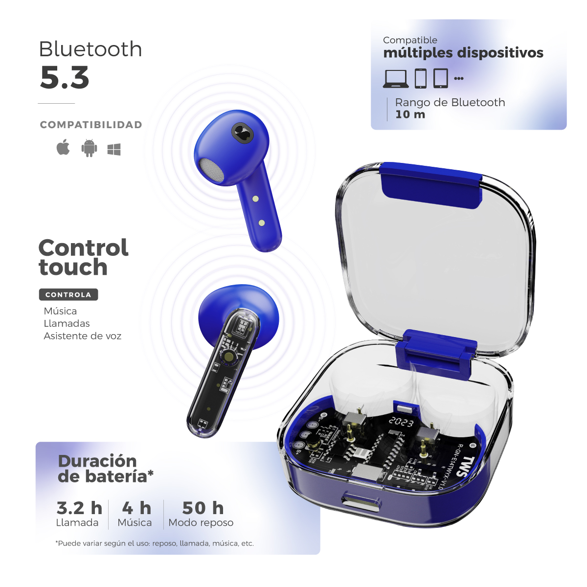 Foto 4 pulgar | Smartwatch Binden Kulest Kit 1.8" Llamadas Salud + Audífonos Tws + Correa Azul