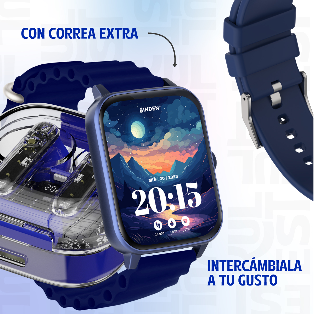 Foto 5 pulgar | Smartwatch Binden Kulest Kit 1.8" Llamadas Salud + Audífonos Tws + Correa Azul