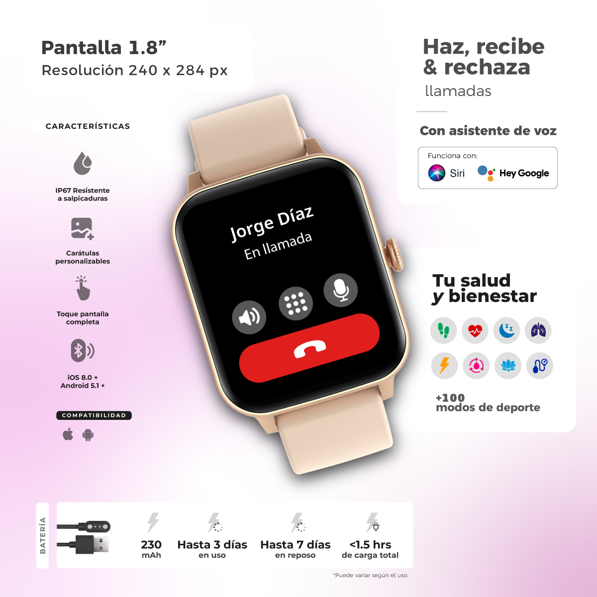 Foto 2 | Smartwatch Binden Kulest Kit 1.8" Llamadas Salud + Audífonos Tws + Correa Rosa