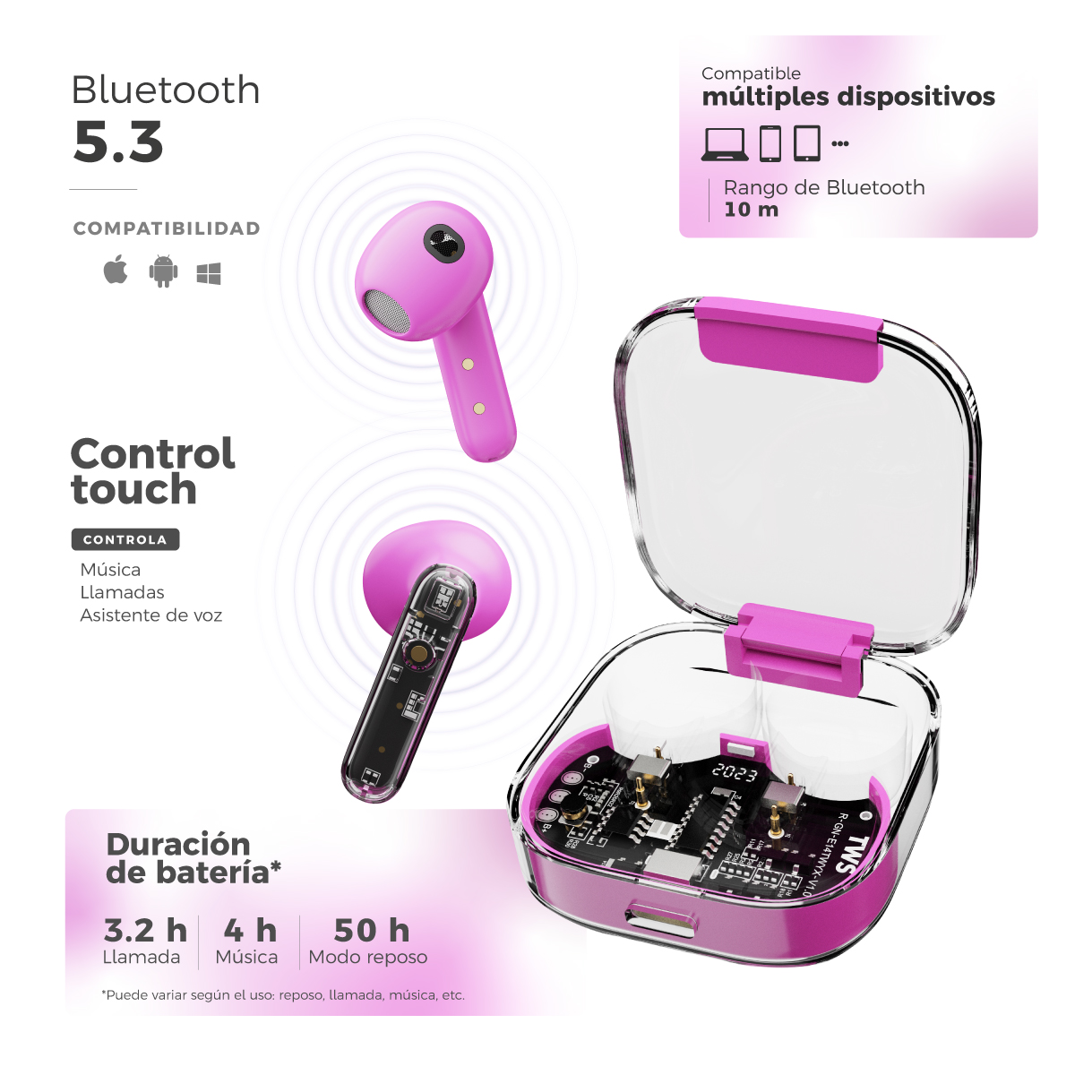 Foto 4 pulgar | Smartwatch Binden Kulest Kit 1.8" Llamadas Salud + Audífonos Tws + Correa Rosa