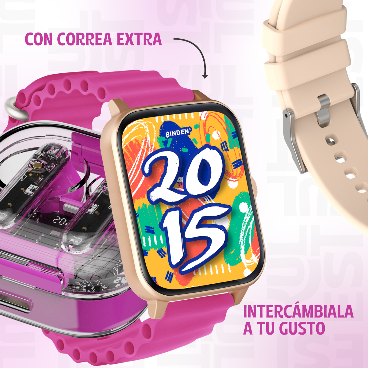 Foto 5 pulgar | Smartwatch Binden Kulest Kit 1.8" Llamadas Salud + Audífonos Tws + Correa Rosa