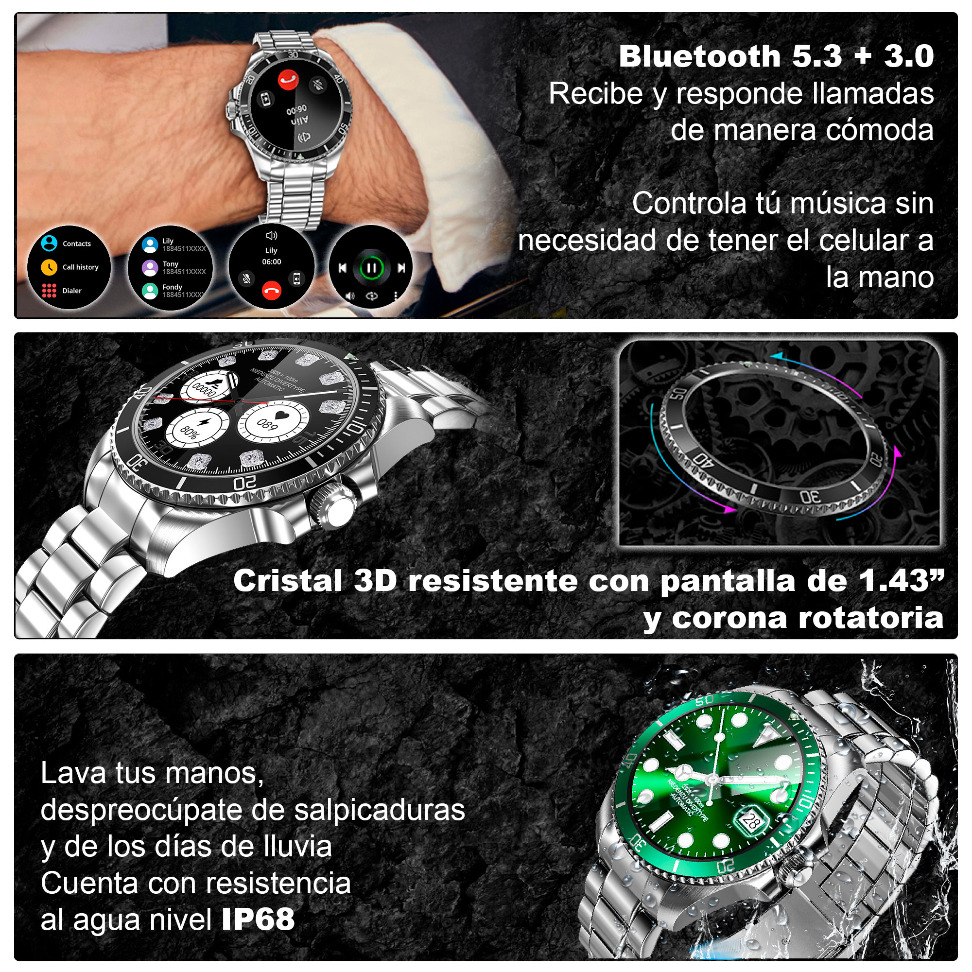Foto 3 | Reloj Smartwatch Vak C1 Acero Submarine NFC Cristal 3D
