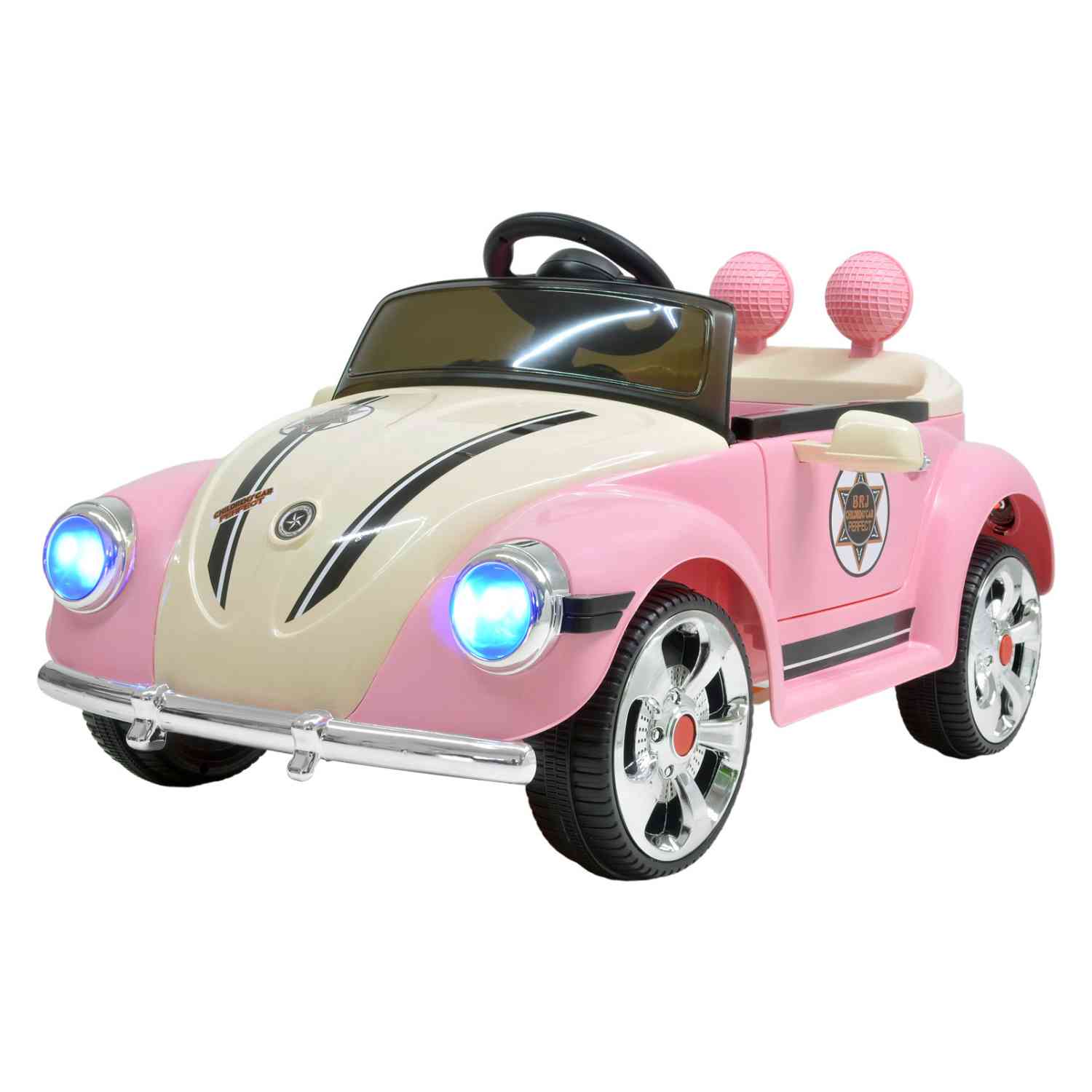 Carro Montable Little Monkey color Rosa Tipo Vochito Eléctrico con Música USB y Control