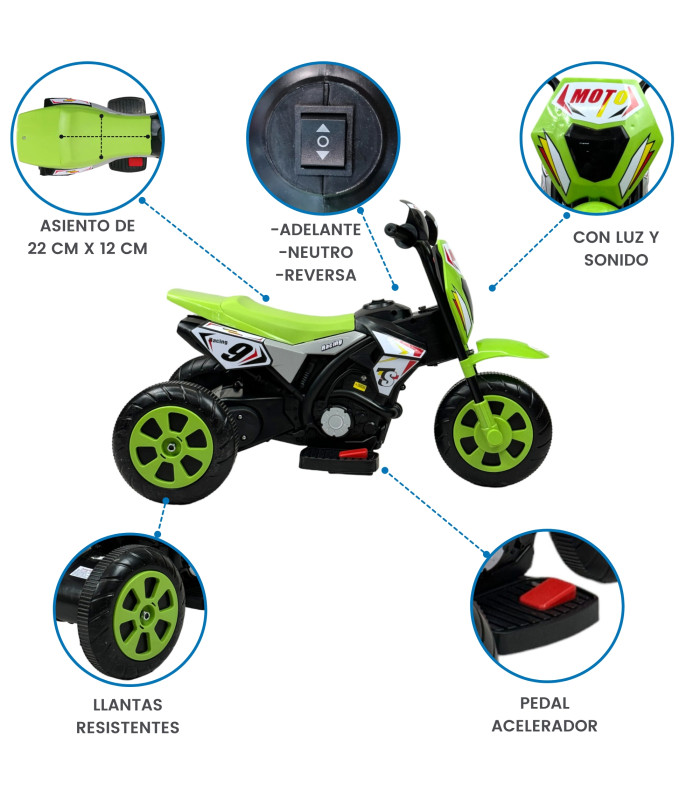 Foto 2 | Motocicleta Montable Para Niños 3 Ruedas Sonido,luz 6v Verde