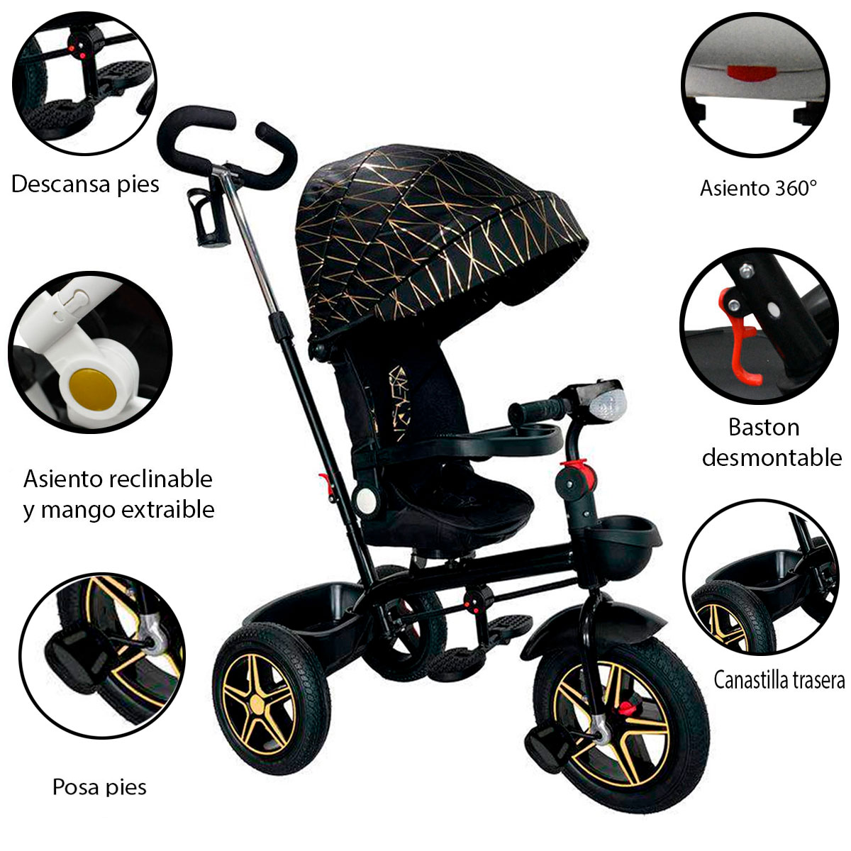 Foto 8 pulgar | Triciclo con Asiento Reclinable Negro