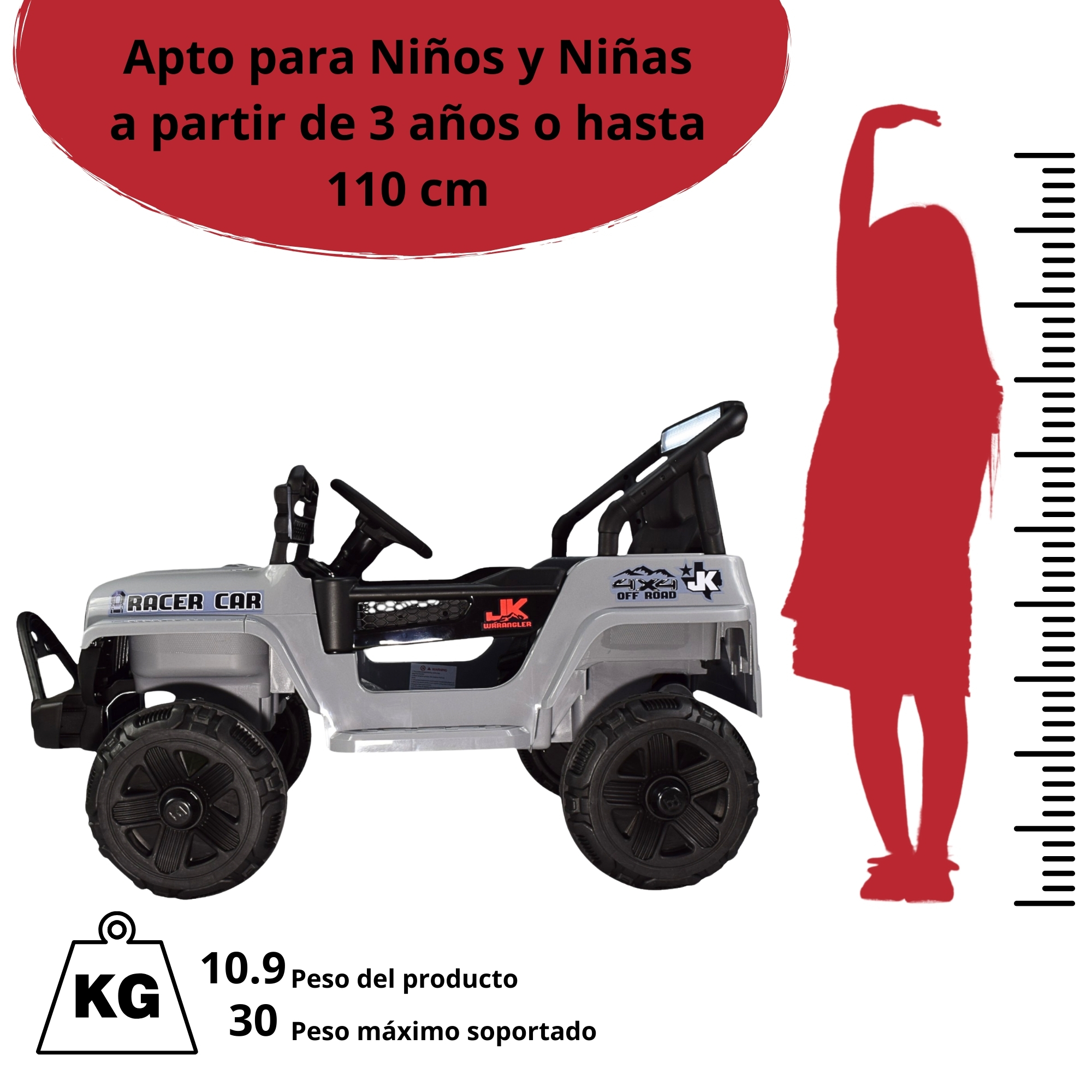 Foto 7 pulgar | Camioneta Montable Electrica 93 Cm Para Niños Control Remoto 12v - Gris