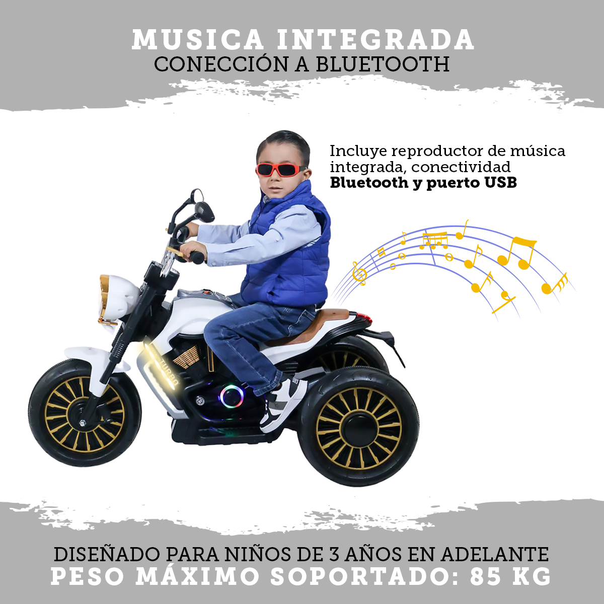 Foto 6 pulgar | Montable Eléctrico Guevara Sports Blanco Motocicleta Con Música  Para Niños