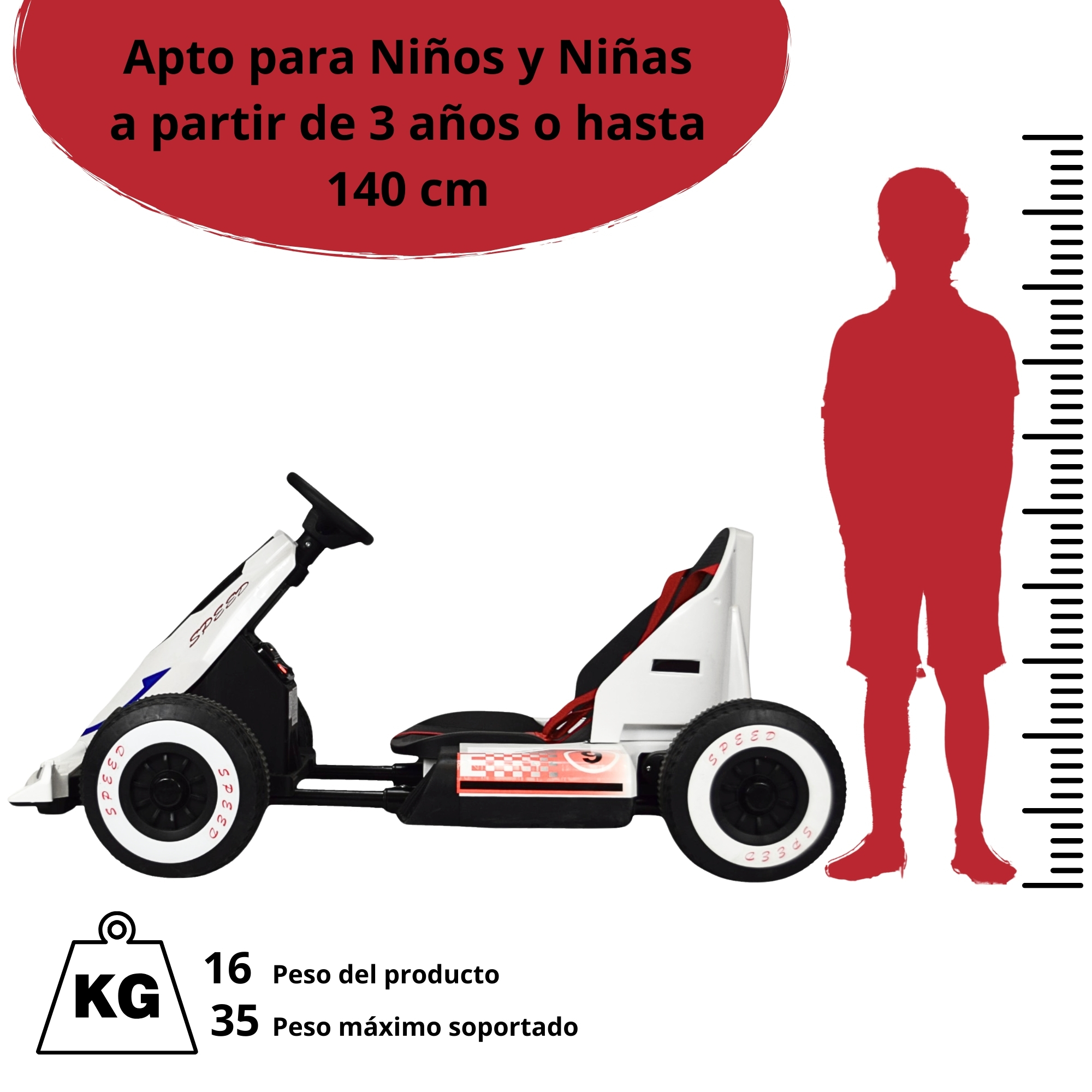 Foto 7 pulgar | Montable Electrico Go Kart Para Niños Largo Ajustable Luz 12v - Blanco