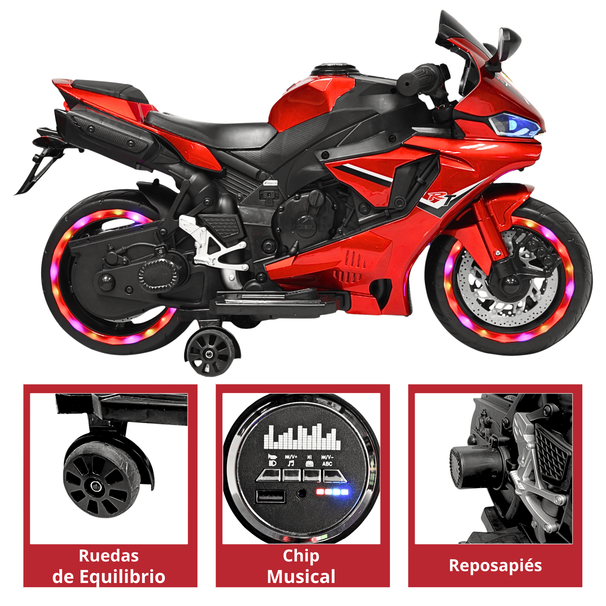 Foto 5 pulgar | Moto Montable Eléctrica Para Niños Luces Led Sonido Batería 12v Ruedas Con Luz - Rojo