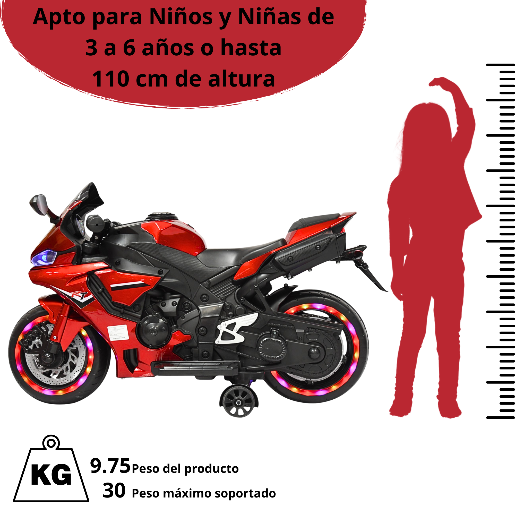 Foto 7 pulgar | Moto Montable Eléctrica Para Niños Luces Led Sonido Batería 12v Ruedas Con Luz - Rojo