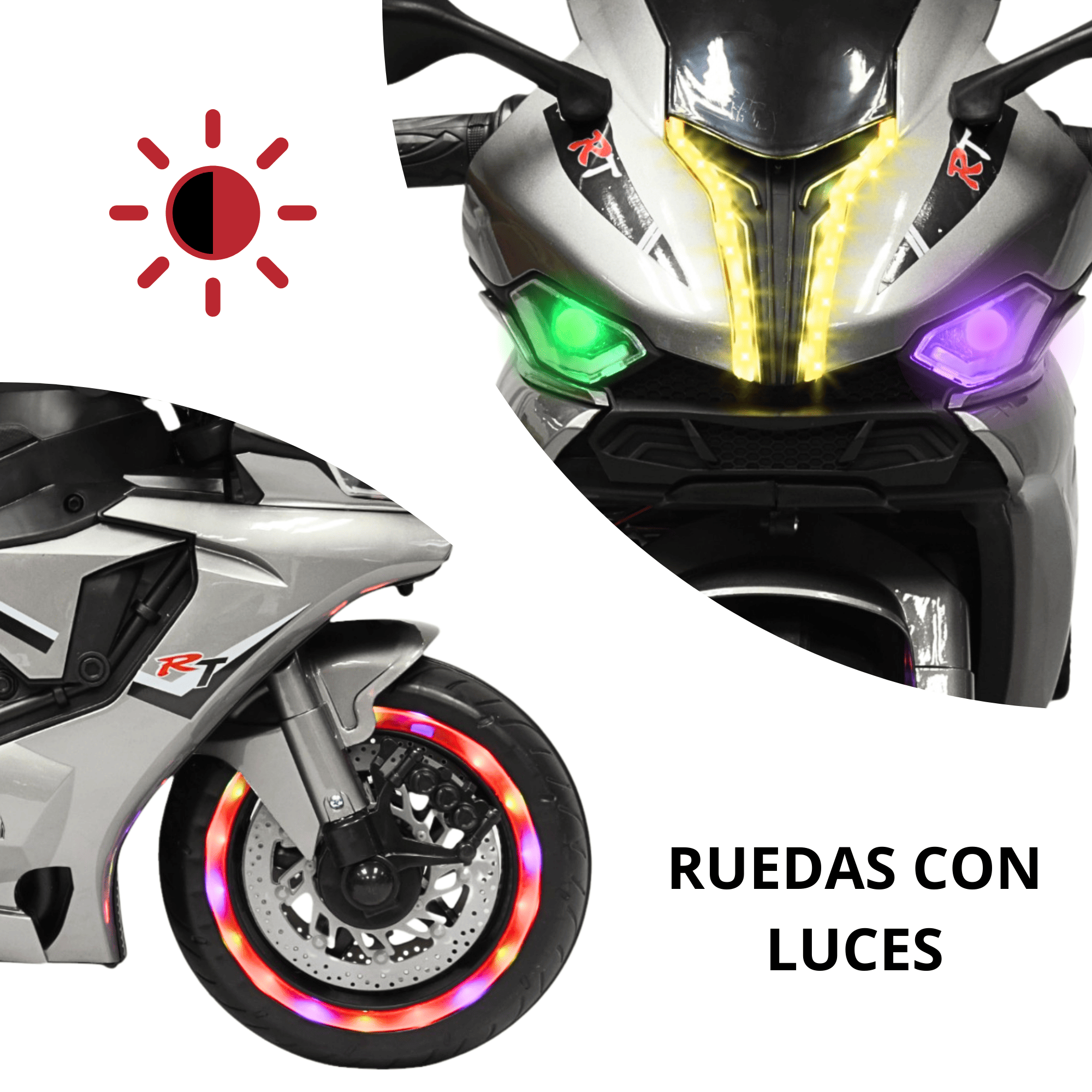 Foto 3 pulgar | Moto Montable Eléctrica Para Niños Luces Led Sonido Batería 12v Ruedas Con Luz - Gris