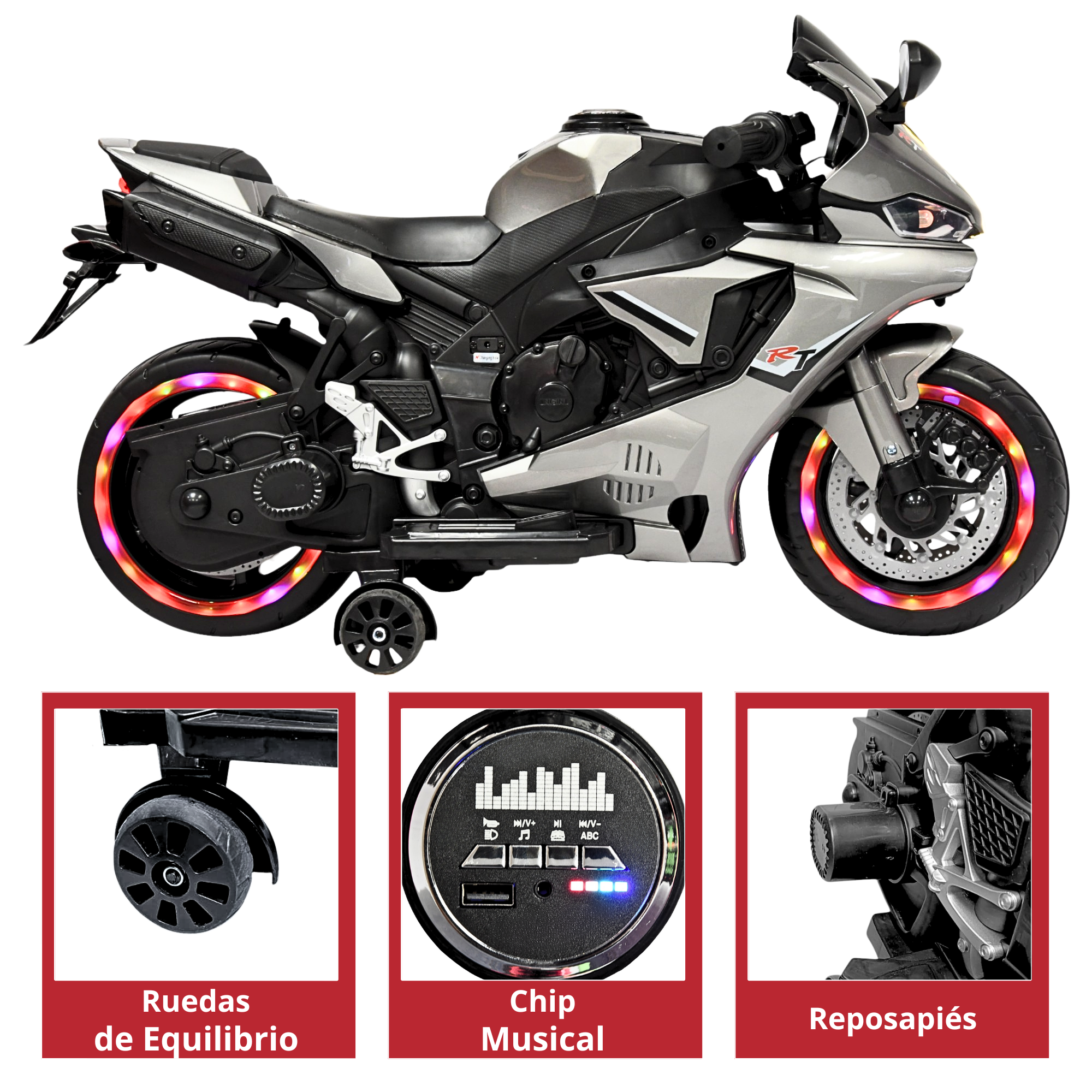 Foto 5 pulgar | Moto Montable Eléctrica Para Niños Luces Led Sonido Batería 12v Ruedas Con Luz - Gris