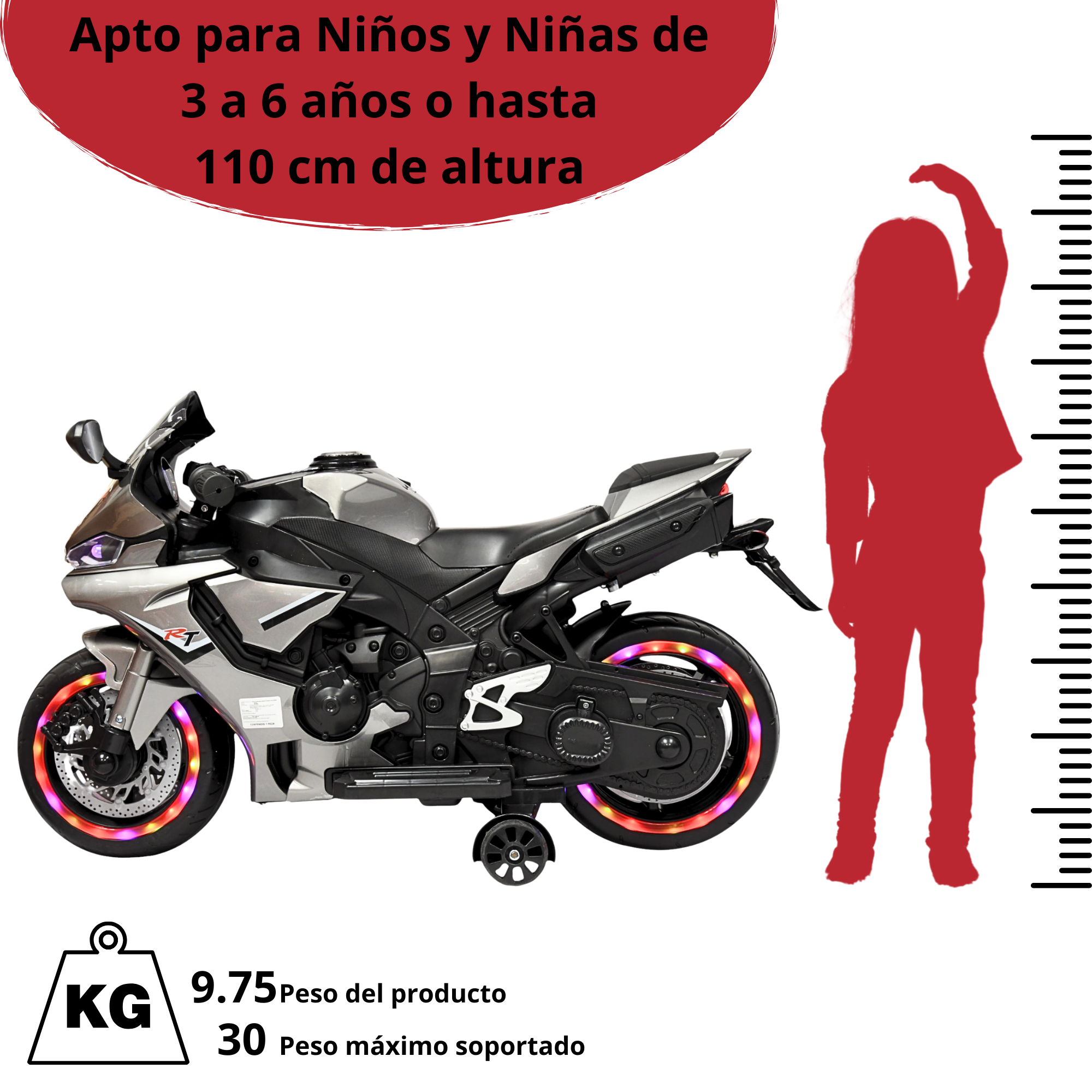 Foto 7 pulgar | Moto Montable Eléctrica Para Niños Luces Led Sonido Batería 12v Ruedas Con Luz - Gris