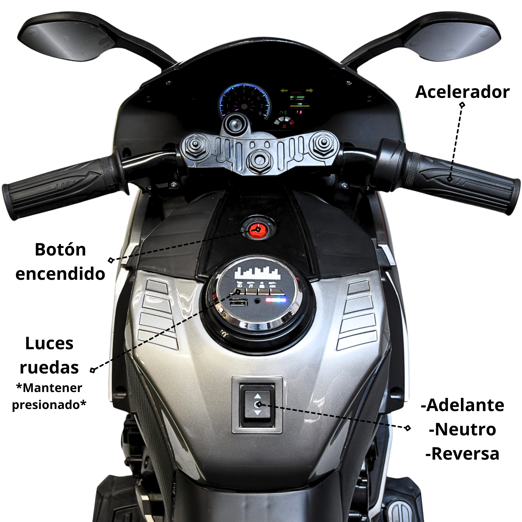 Foto 8 pulgar | Moto Montable Eléctrica Para Niños Luces Led Sonido Batería 12v Ruedas Con Luz - Gris