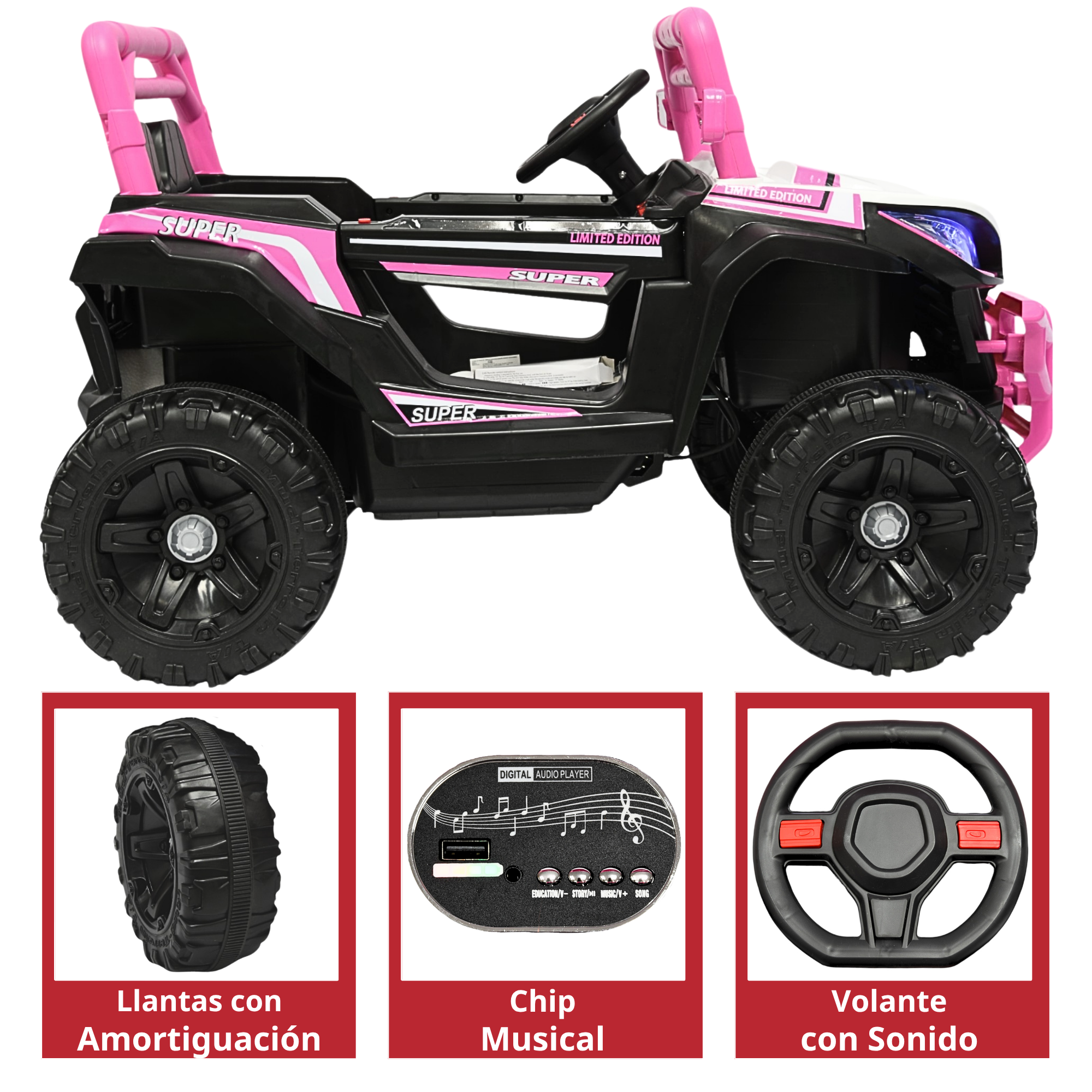 Foto 6 pulgar | Montable Electrico Para Niños Camioneta Racer Usb Auxiliar Luces Sonido Batería 12v - Rosa