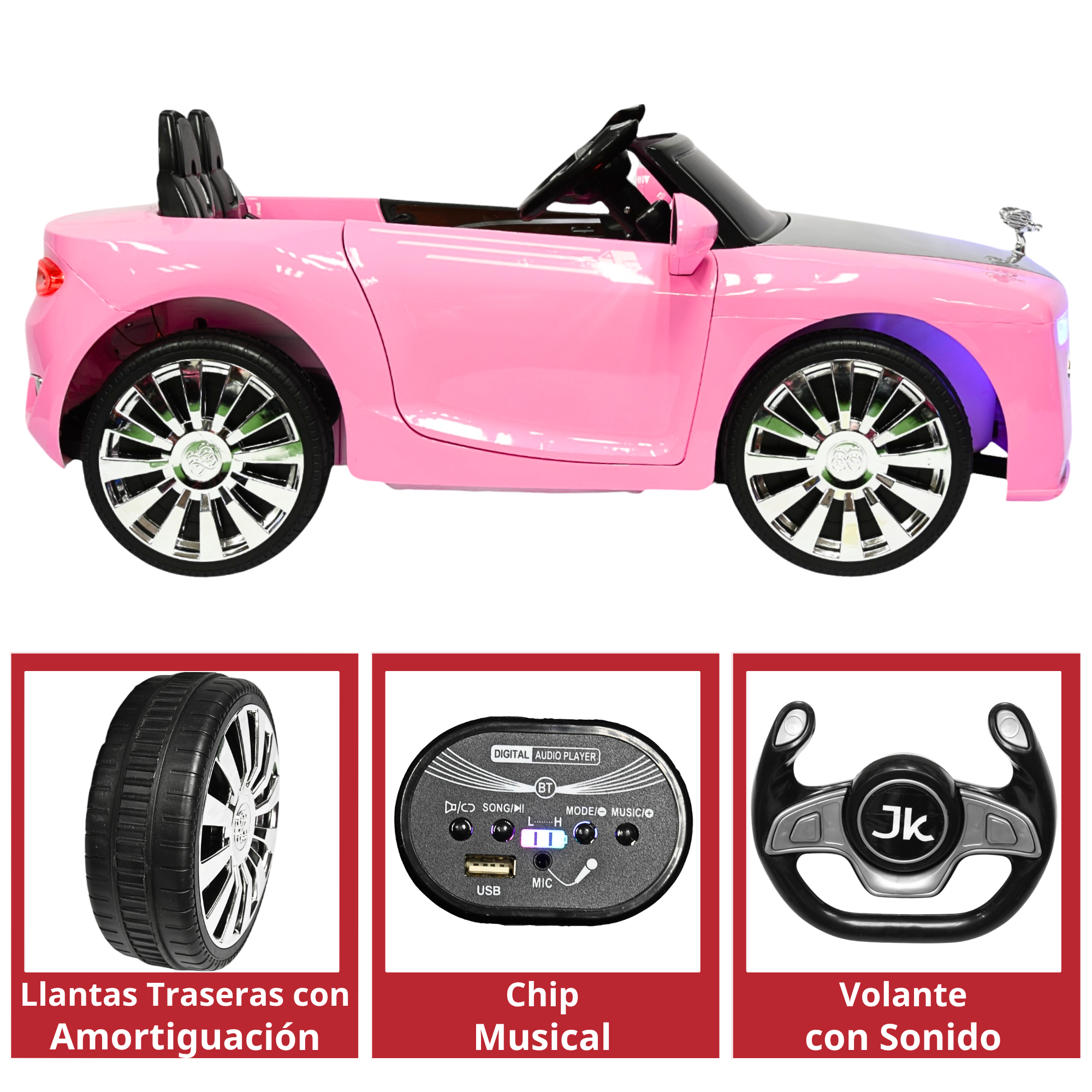 Foto 5 pulgar | Montable Electrico Clásico Para Niños Bluetooth Usb Y Auxiliar Luces Sonido 12v - Rosa