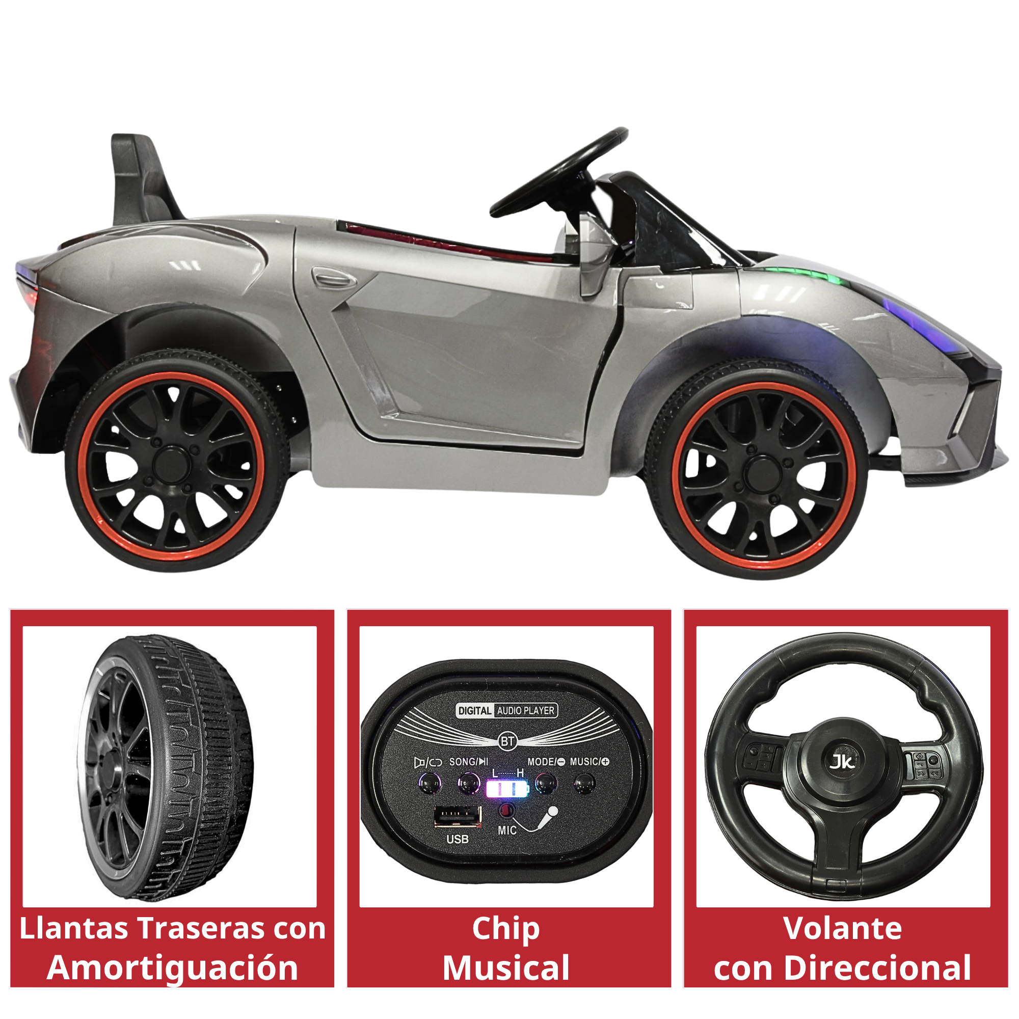 Foto 5 pulgar | Montable Electrico Para Niños Carro Deportivo Bluetooth Luz Led Sonido Control Remoto 12v - Gris