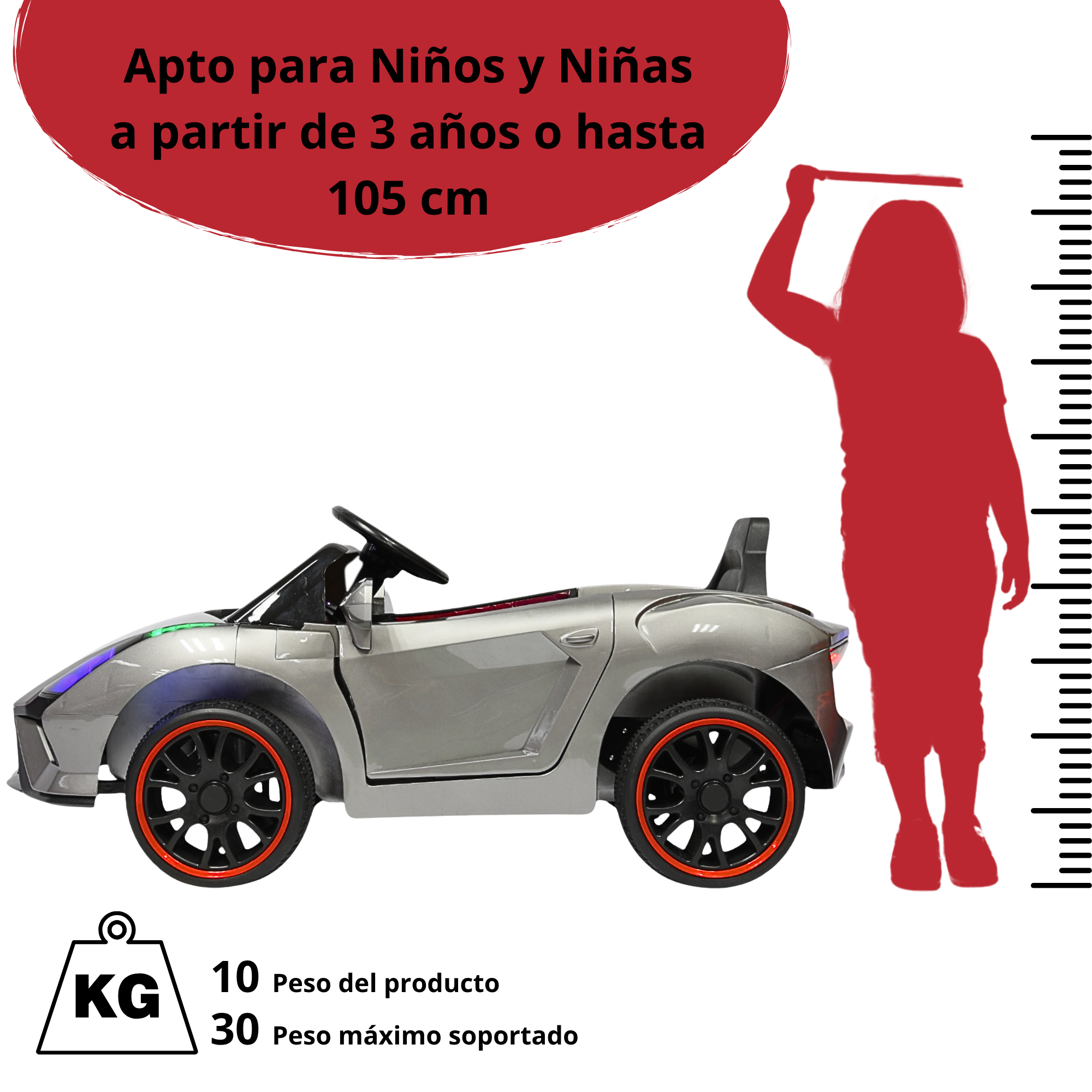 Foto 7 pulgar | Montable Electrico Para Niños Carro Deportivo Bluetooth Luz Led Sonido Control Remoto 12v - Gris