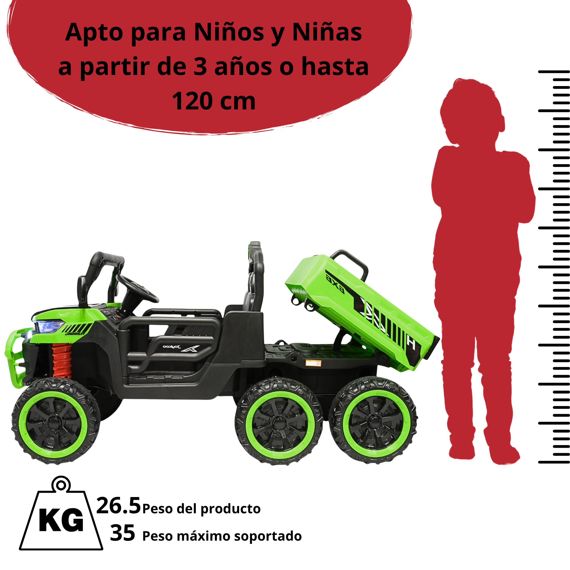 Foto 6 | Montable Eléctrico Para Niños Tractor 6x6 Caja De Vuelco Atomática Luz Y Sonido Bluetooth 12v - Verde