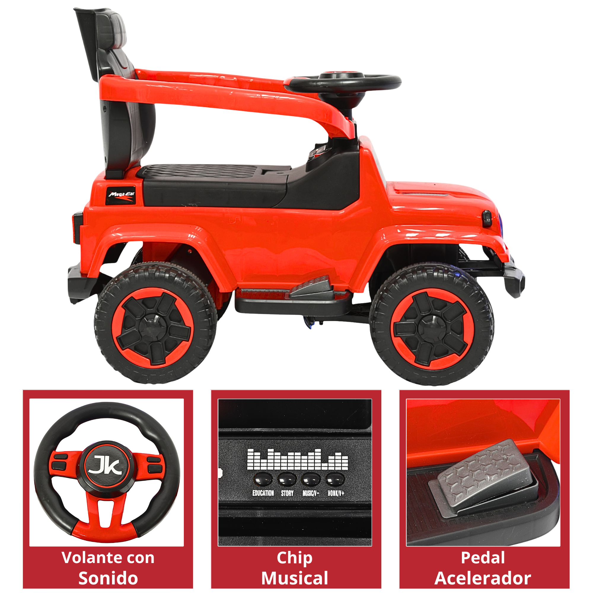 Foto 5 pulgar | Montable Electrico Para Niños Híbrido Con Bastón Y Pedal Acelerador Barras De Seguridad Luces Batería 6v - Rojo