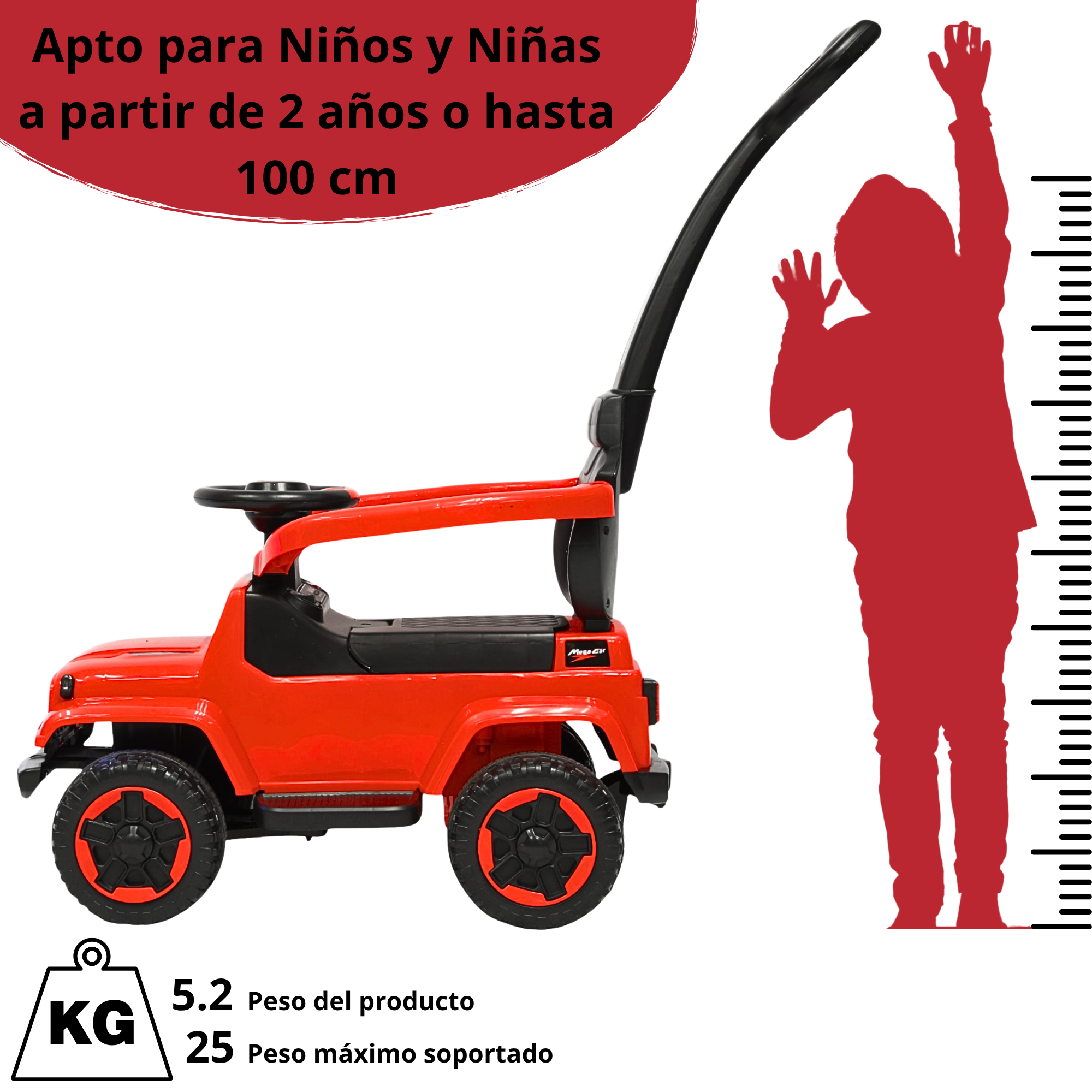 Foto 7 pulgar | Montable Electrico Para Niños Híbrido Con Bastón Y Pedal Acelerador Barras De Seguridad Luces Batería 6v - Rojo