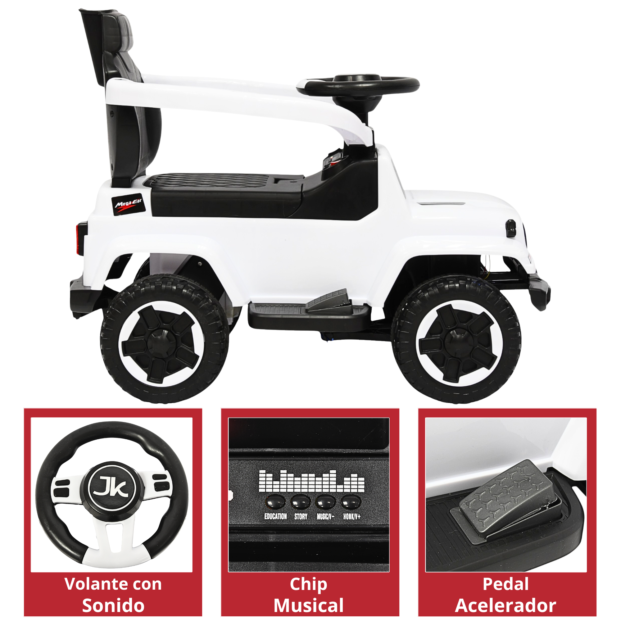 Foto 5 pulgar | Montable Electrico Para Niños Híbrido Con Bastón Y Pedal Acelerador Barras De Seguridad Luces Batería 6v - Blanco
