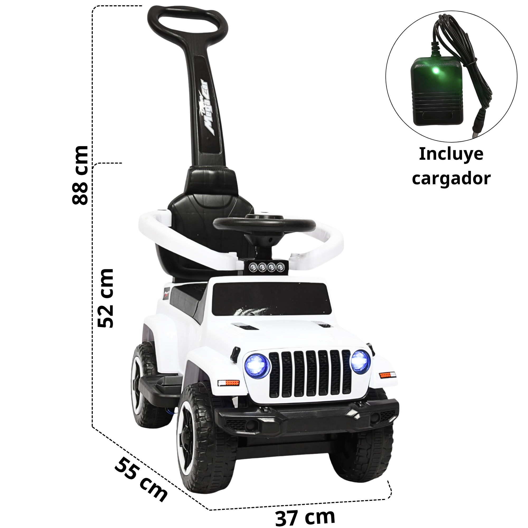 Foto 6 pulgar | Montable Electrico Para Niños Híbrido Con Bastón Y Pedal Acelerador Barras De Seguridad Luces Batería 6v - Blanco