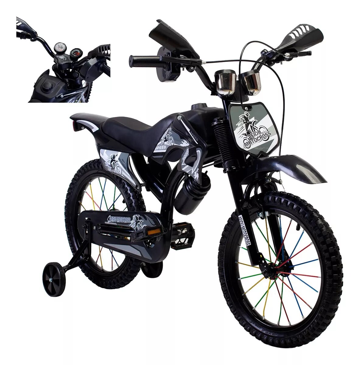 Bicicleta Entrenadora Aeiou Moto Cross Rodado 12 Negro para Niños 