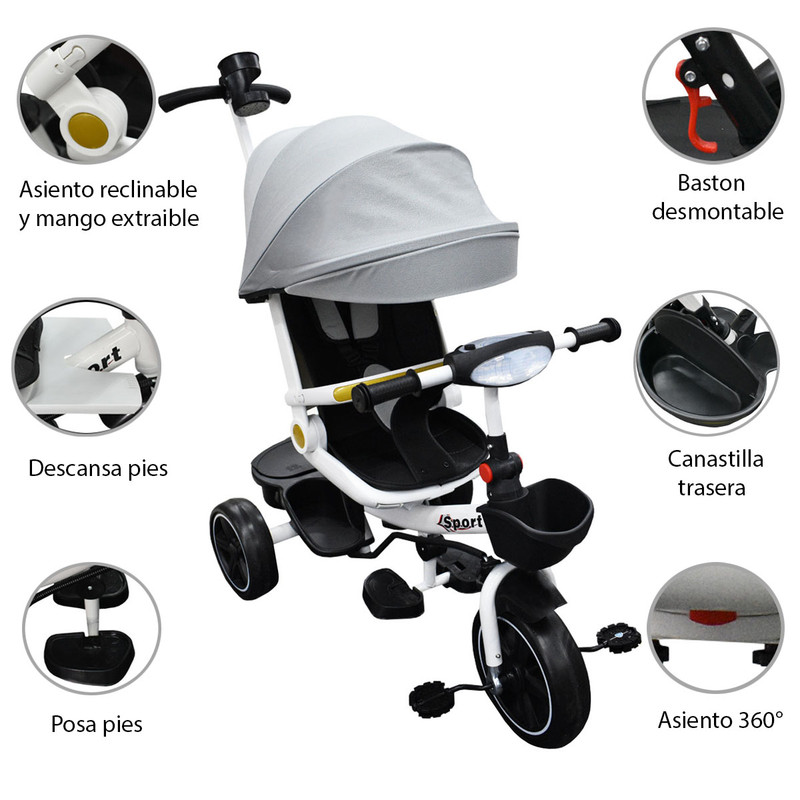 Foto 6 | Triciclo Infantil con Asiento 360º y Diseño Funcional  Gris