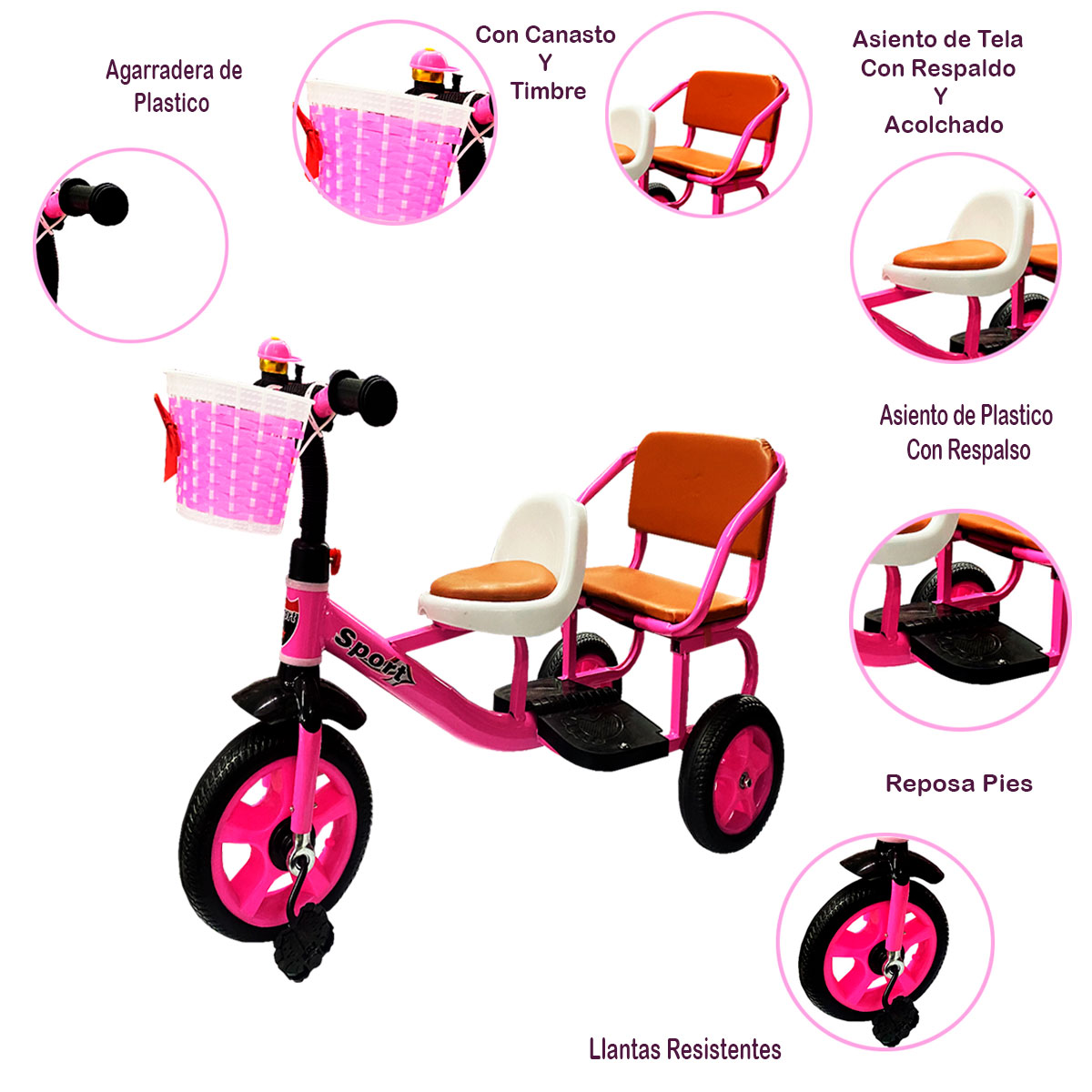 Foto 4 | Triciclo Infantil con Doble Asiento Rosa