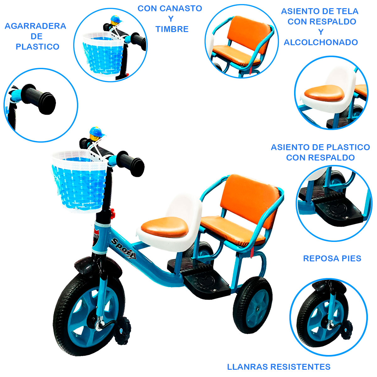 Foto 5 pulgar | Triciclo Infantil con Doble Asiento Azul