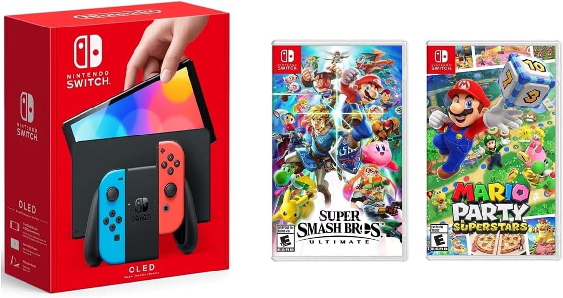 Foto 2 pulgar | Nintendo Switch - Oled 64gb Neon Versión Internacional + Juegos Físicos De Super Smash Bros y Mario Party Super Stars