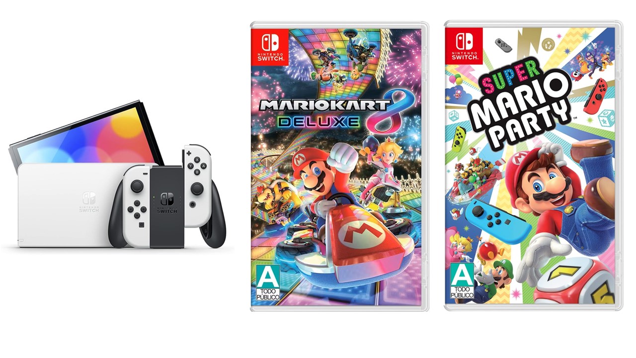 Foto 3 pulgar | Nintendo Switch Oled Blanco Mas Juegos Fisicos De Super Mario Party, Mario Kart 8