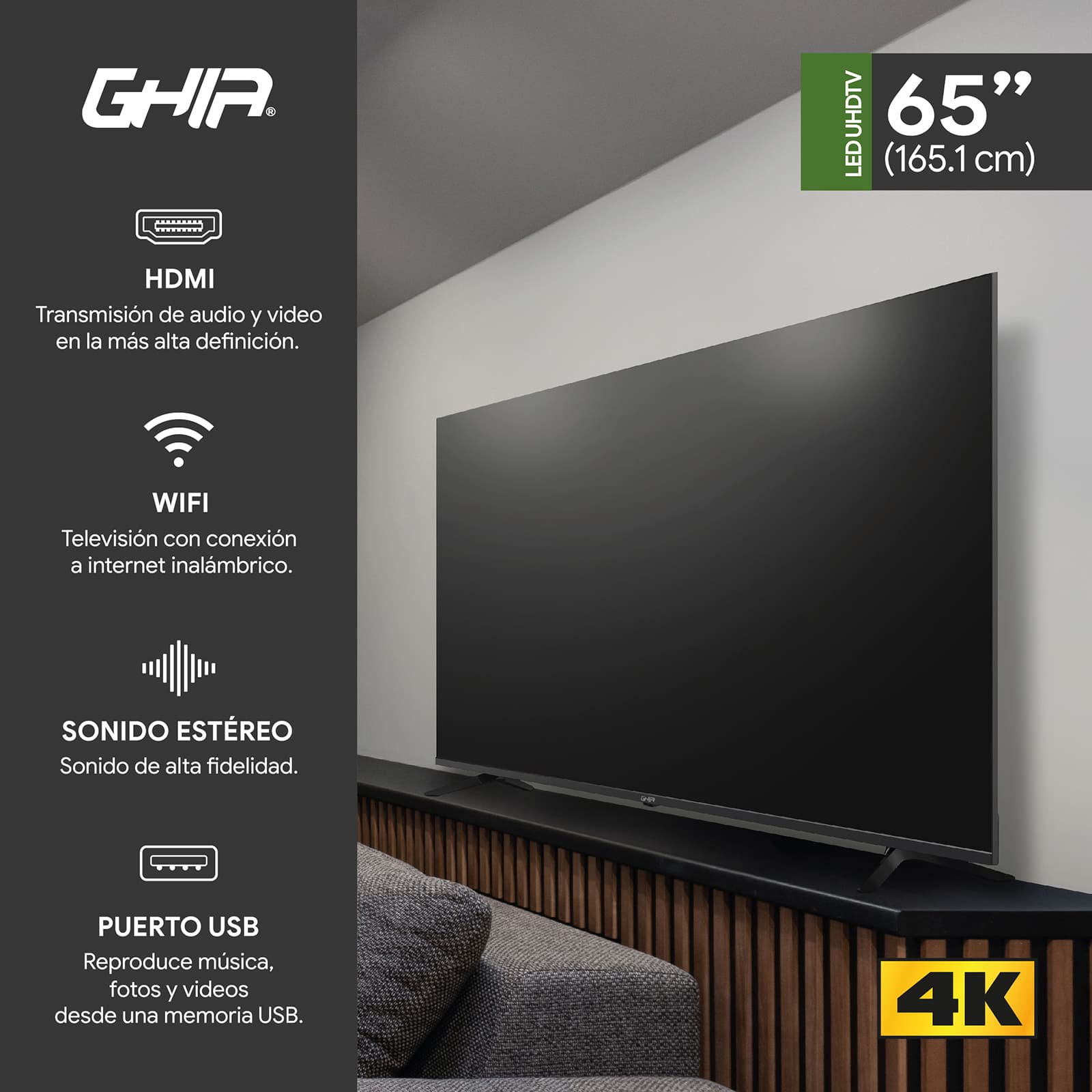 Foto 7 pulgar | Pantalla Ghia G65atv22 de 65" Ultra Hd 4K Smart Tv