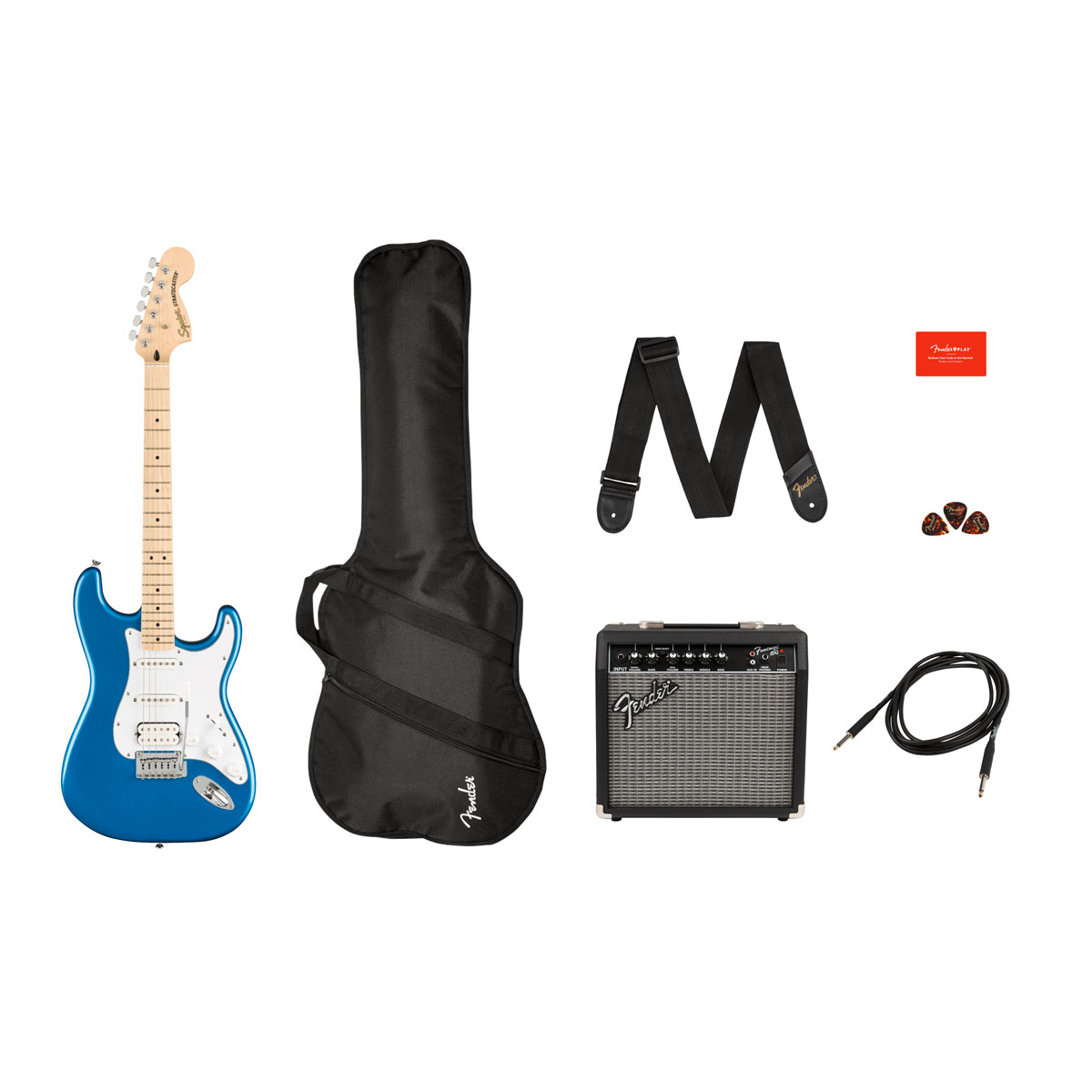 Paquete de Guitarra Eléctrica Fender color Azul Squier Affinity Series Stratocaster Hss Pack