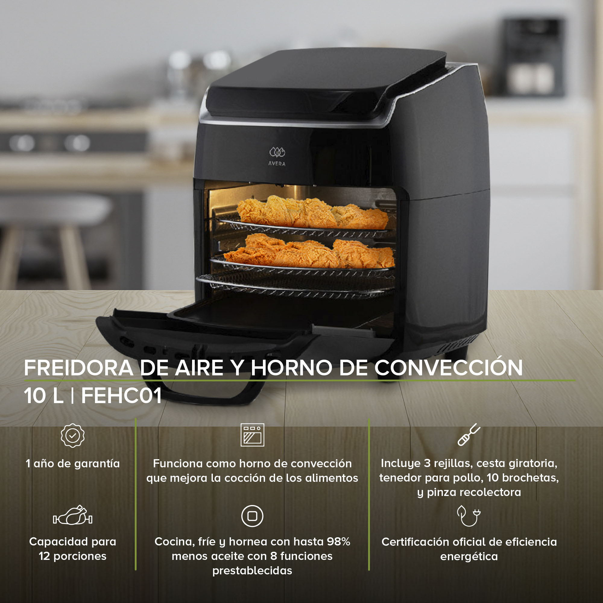 Foto 3 pulgar | Horno y Freidora de Aire Avera FEHC01 10 Litros Multifunción color Negro