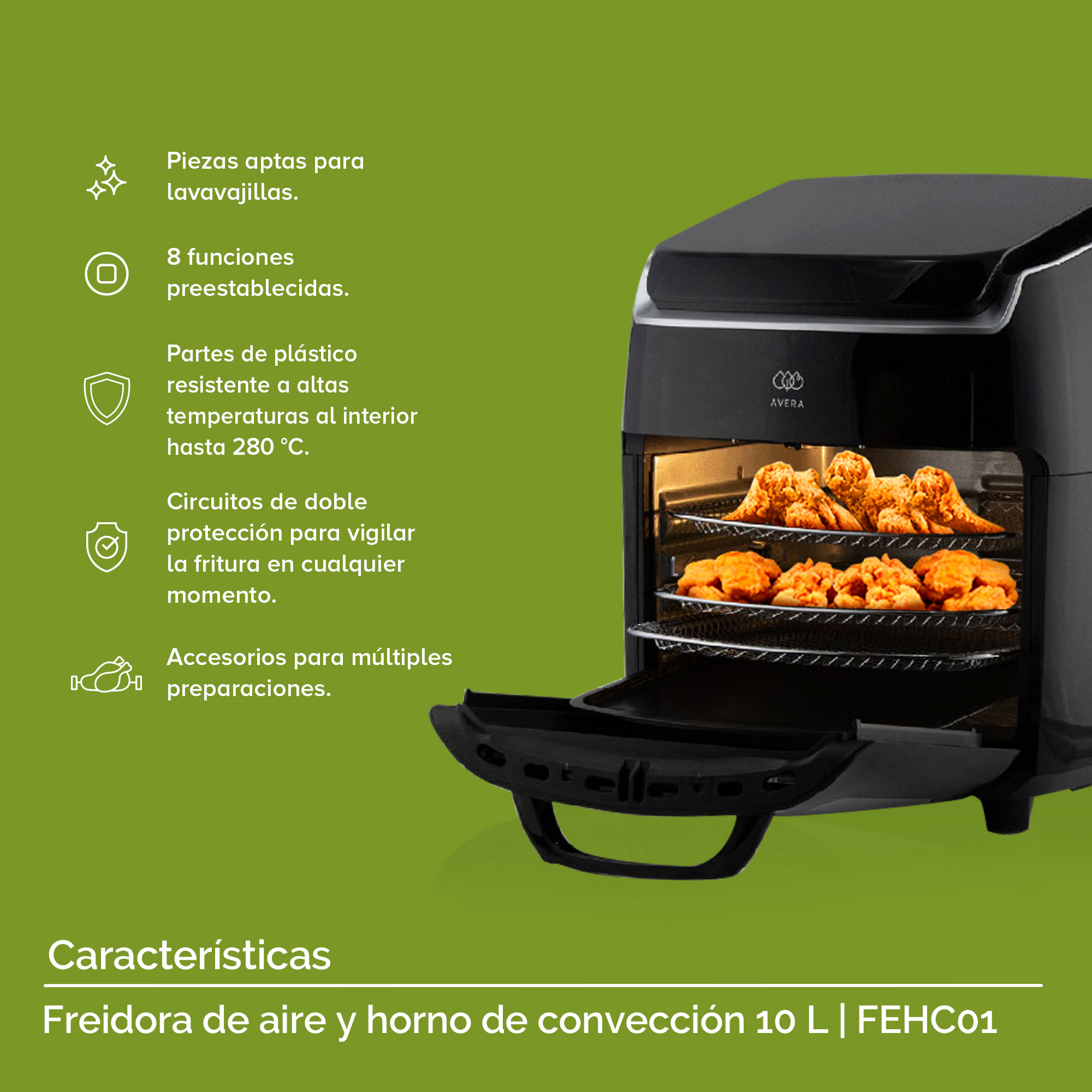 Foto 5 pulgar | Horno y Freidora de Aire Avera FEHC01 10 Litros Multifunción color Negro