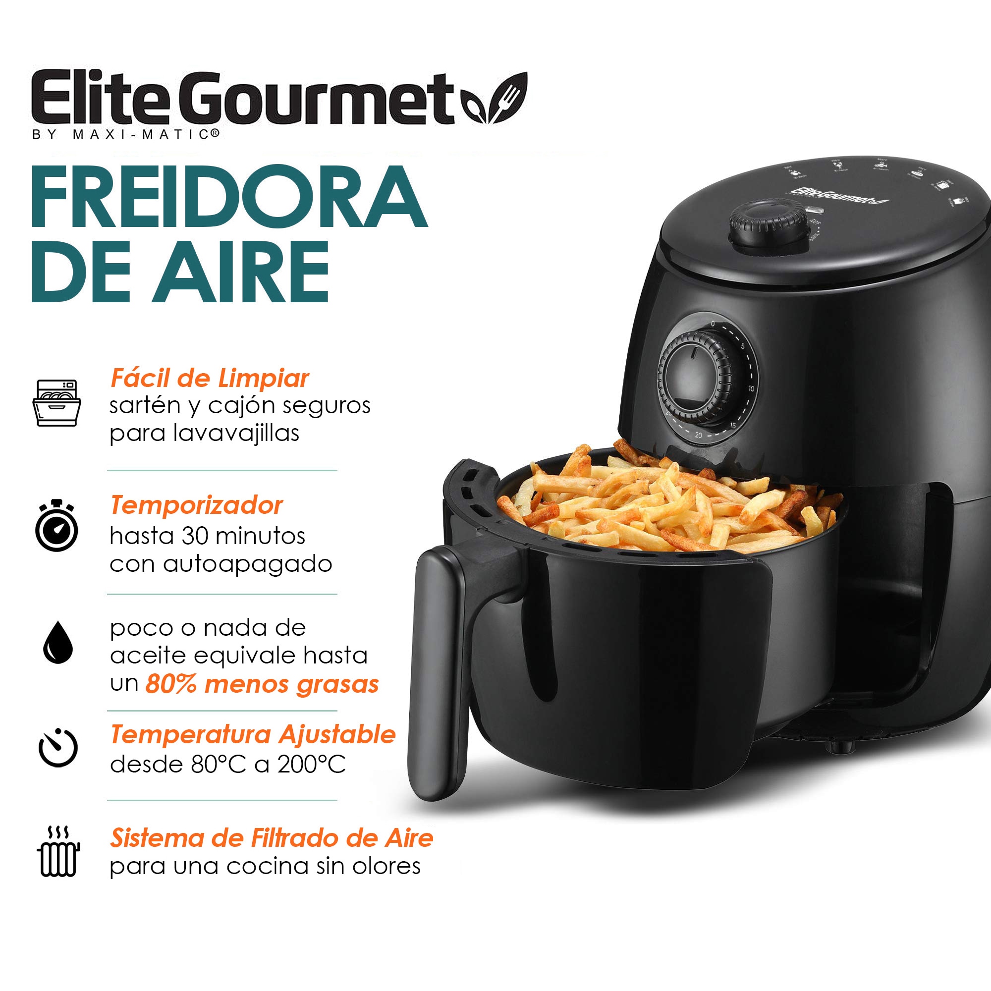 Freidora De Aire Elite Gourmet Negro | Coppel.com