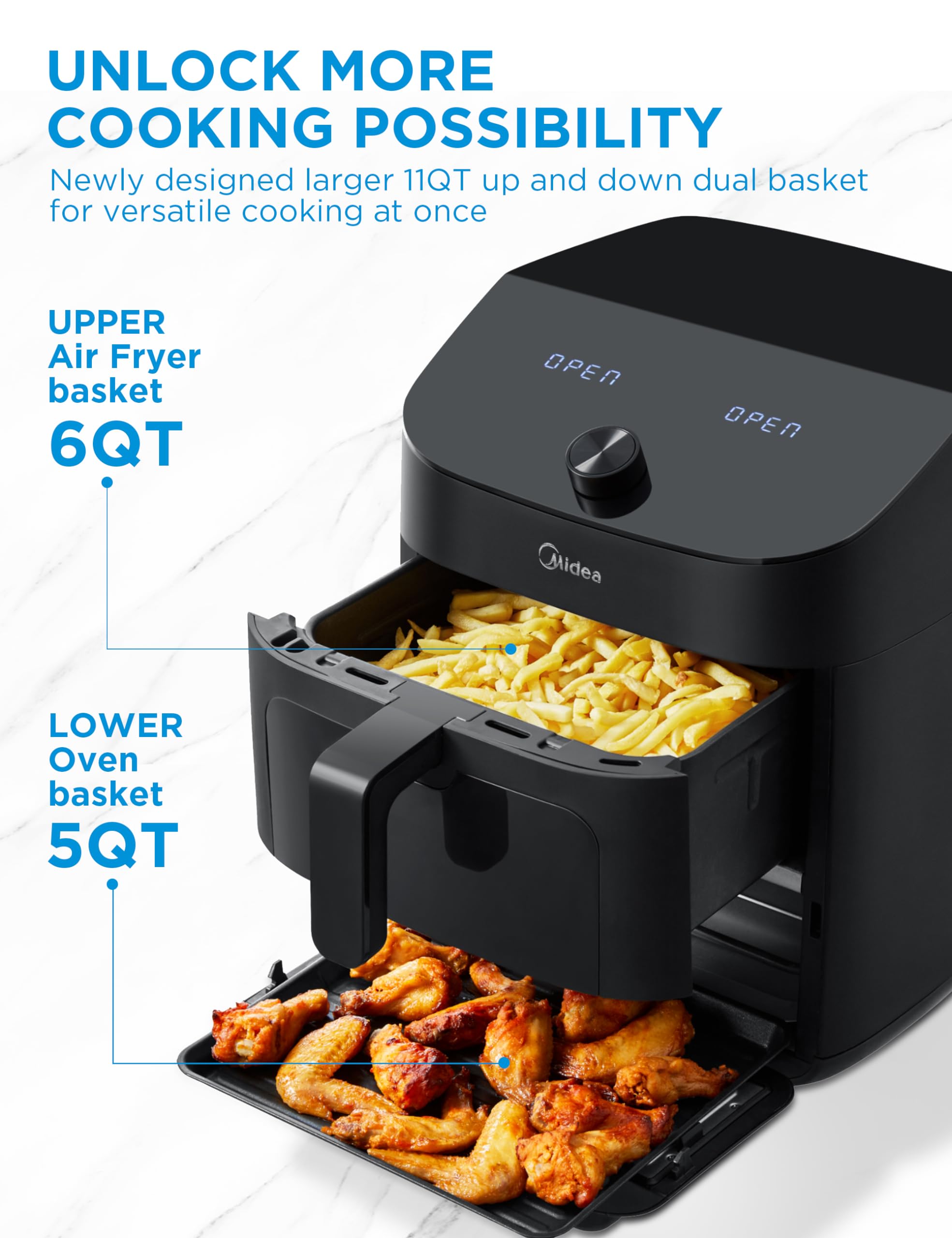 Foto 4 pulgar | Horno Air Fryer Midea de Doble Cesta 11 Cuartos de Galón 8 en 1 Funciones - Venta Internacional