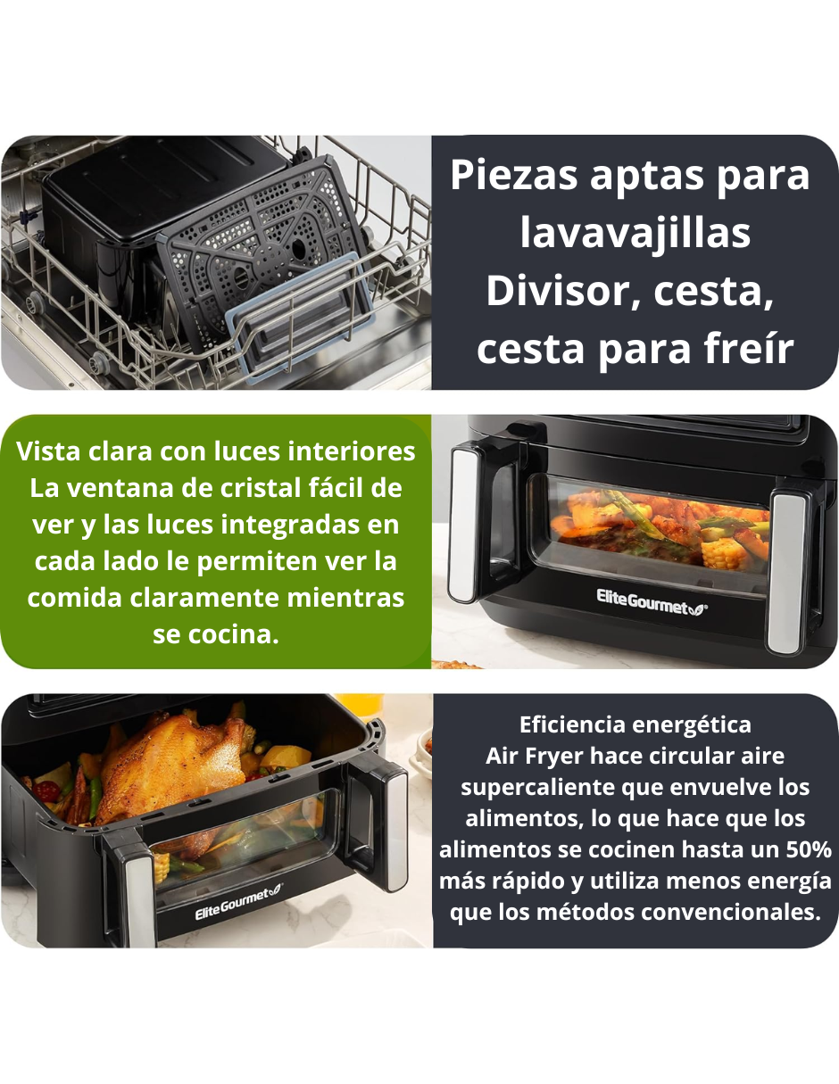 Foto 7 pulgar | Horno Freidora Elite Gourmet 10.4 l Capacidad Doble Zona  Negro