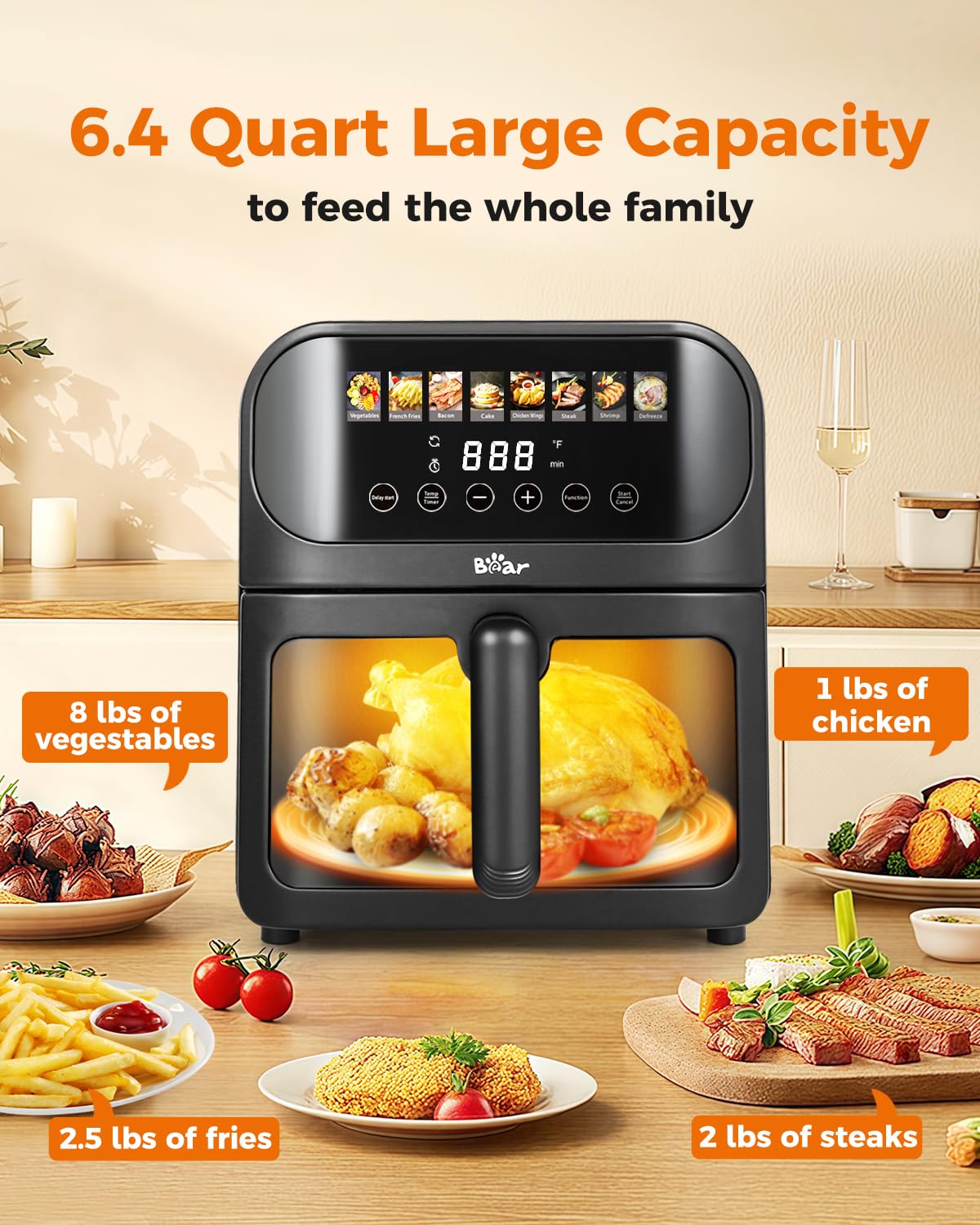 Foto 4 pulgar | Air Fryer Bear 6.4 L 8 en 1 Ajustable con Libro de Cocina - Venta Internacional