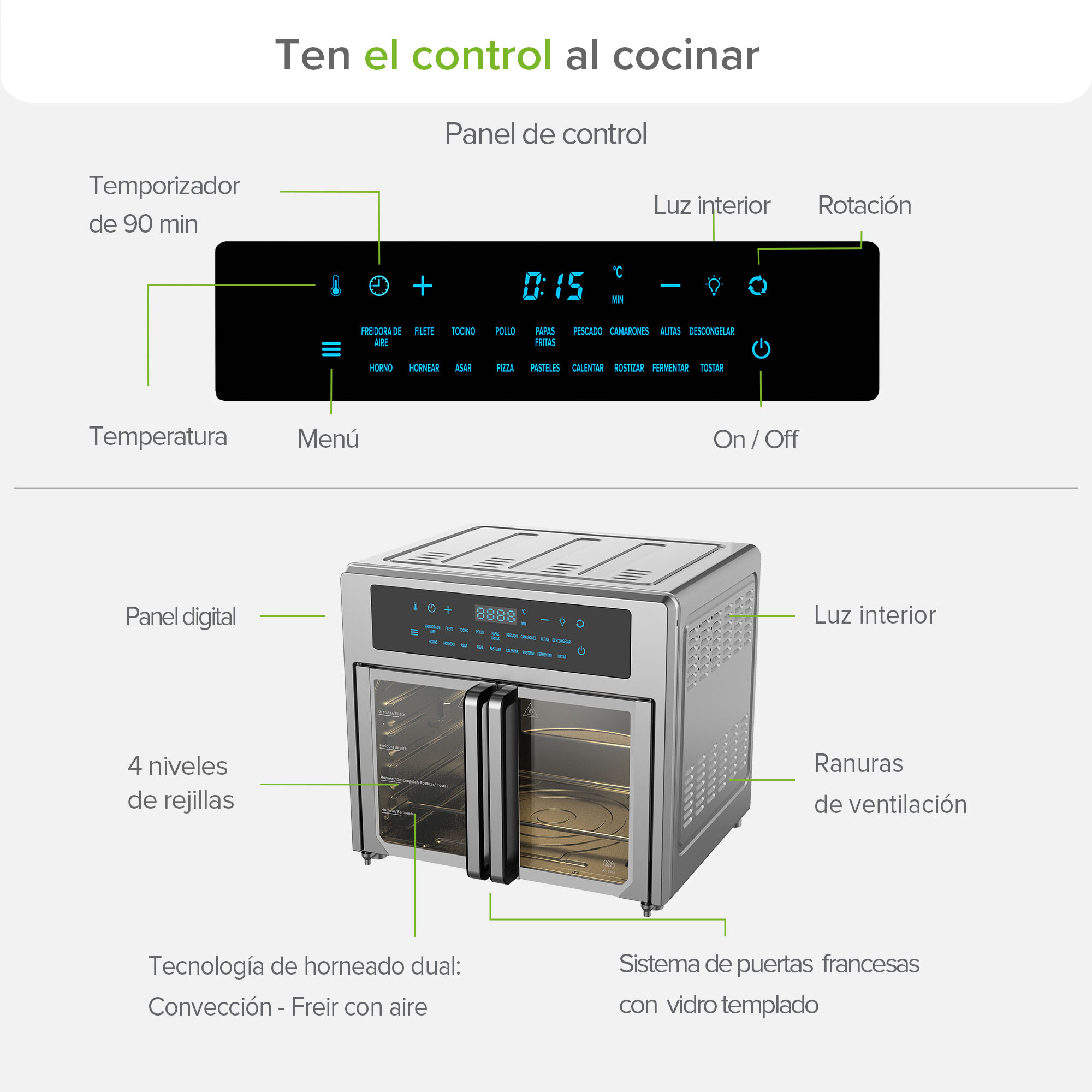 Foto 5 pulgar | Freidora de Aire y Horno Tostador Convección Avera 24 L Hpf01 Gris