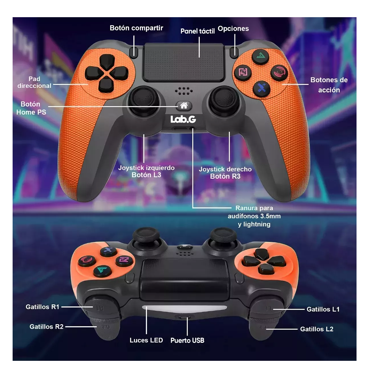 Foto 3 | Control Inalámbrico Lab.g Mando Compatible Con Para Play Station 4 Naranja Negro