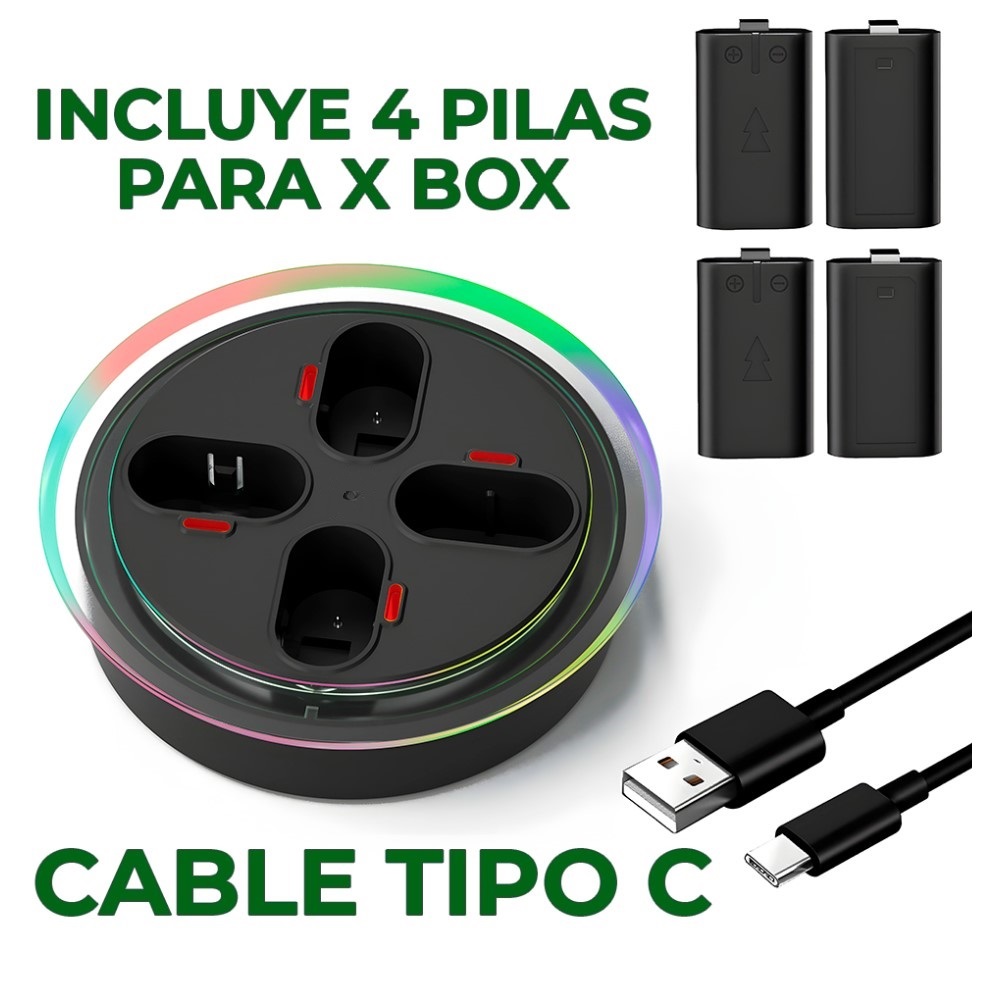 Foto 4 pulgar | Paquete Con 4 Pilas Para Control Xbox One Y Base De Carga Con Luz Rgb